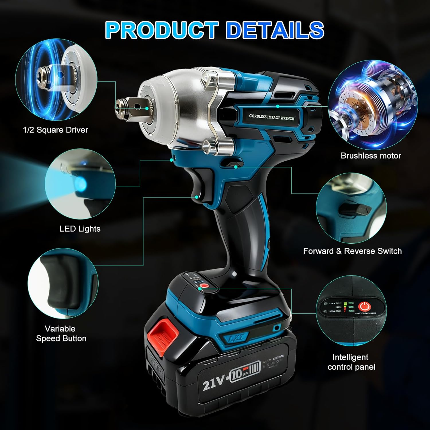 Cordless Impact Wrench, 1/2 Inch Brushless Impact Gun, 320N.m High Torque Impact Driver Set with 2 x 21V Batteries for Automotive/RV, Truck Repair & Maintenance