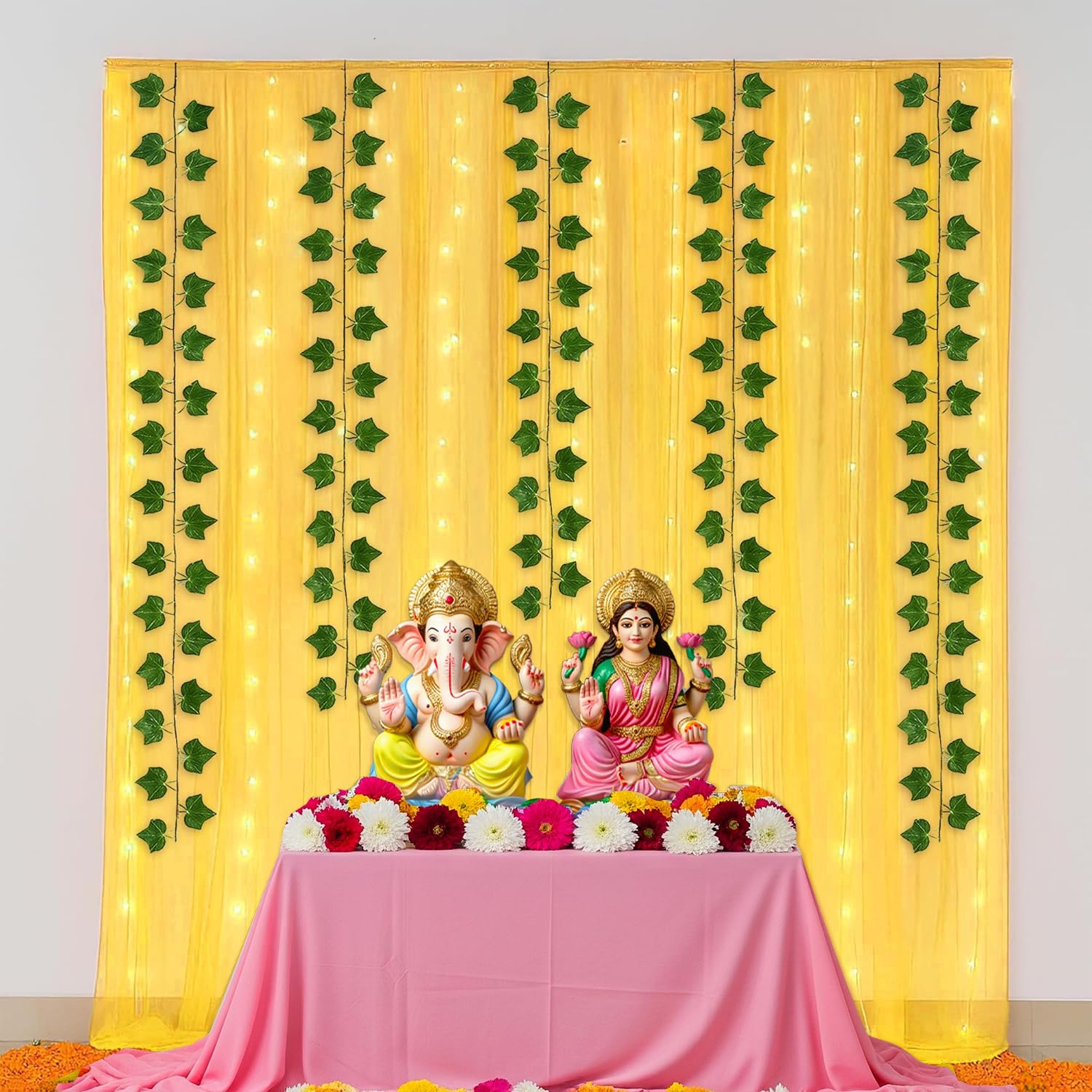 SpecialYou® Ganesh Decoration Items for Home, Ganpati Decorations Backdrop Yellow Curtain(7 * 3.5ft), Green Vines, Lights(40Ft), Ganpati Decoration Setup for Home Decor, Pooja Room Decor- 8 Pcs