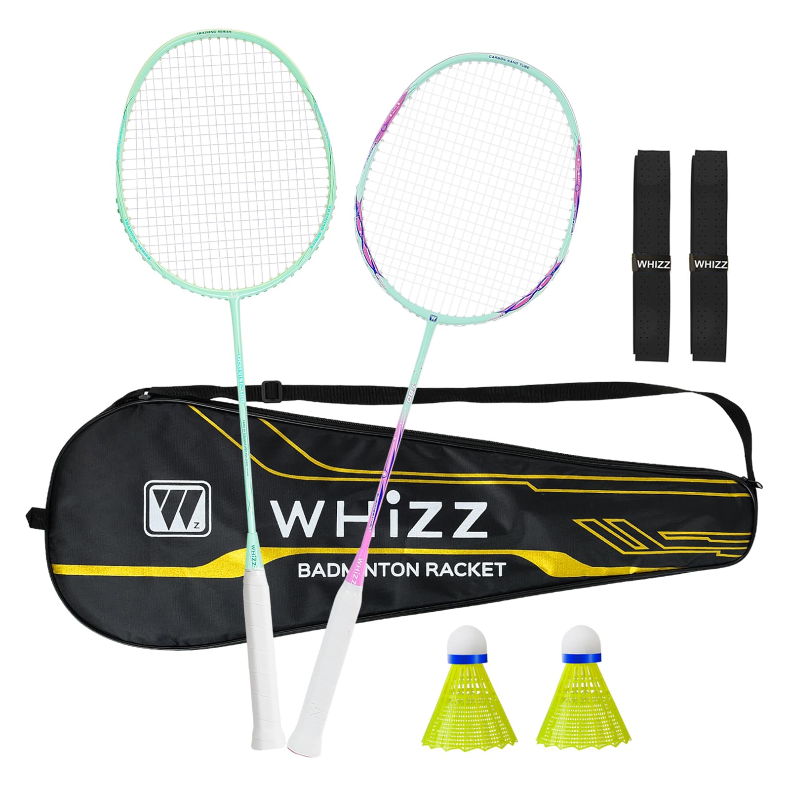 BAIHUALIN WHiZZ Carbon Graphite Badminton Racket, Lightweight Badminton Racquet for Training, Excercise, School Sports, Incl. Shuttlecock, Grip Tape & Carrying Bag, T80 Green+Pink
