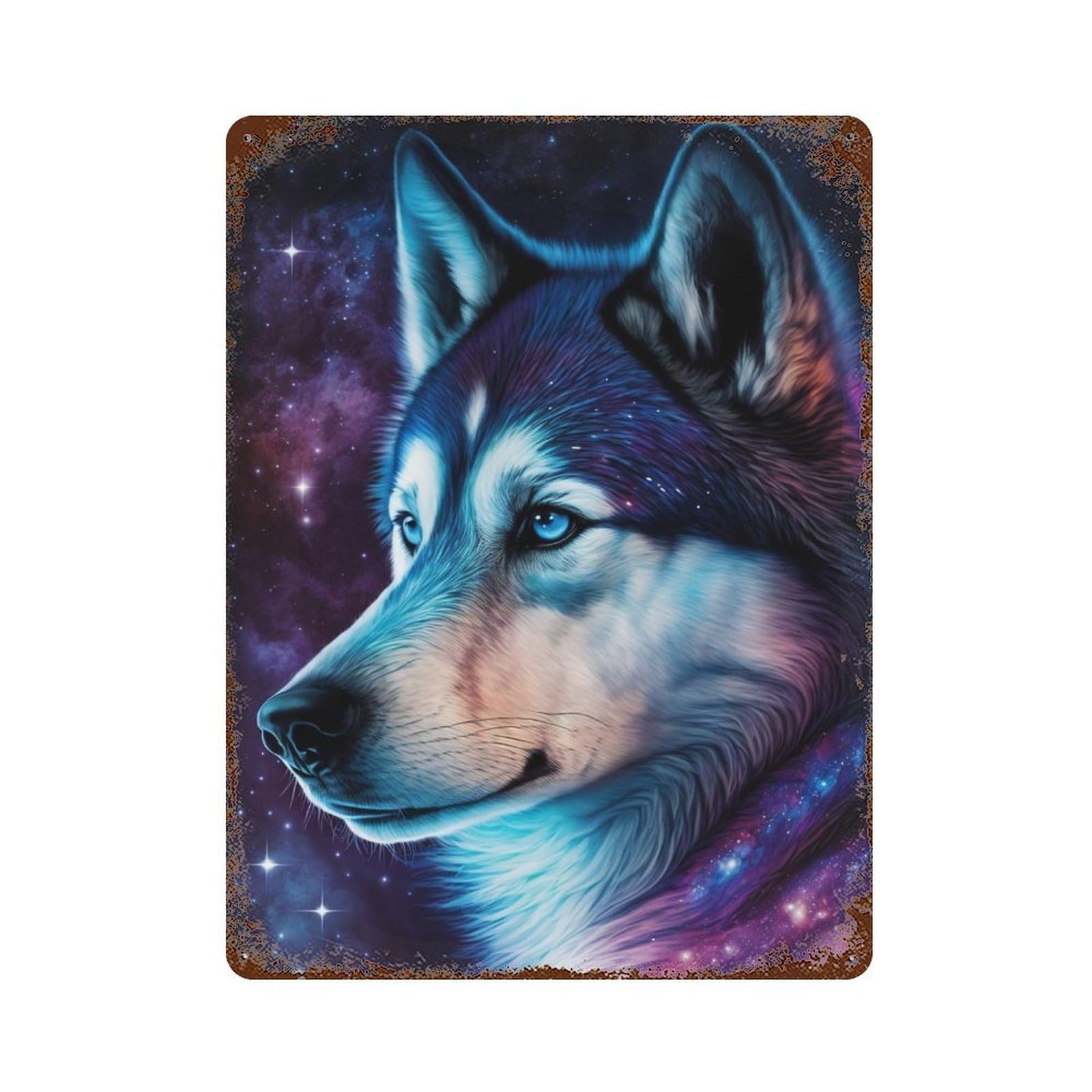 Aged Metal Wall Plaque with Cosmic Wolf Portrait-47 Design 15.7"x11.8", for Shed, Workshop And Garage Wall Decor, Decorative Metal Wall Art