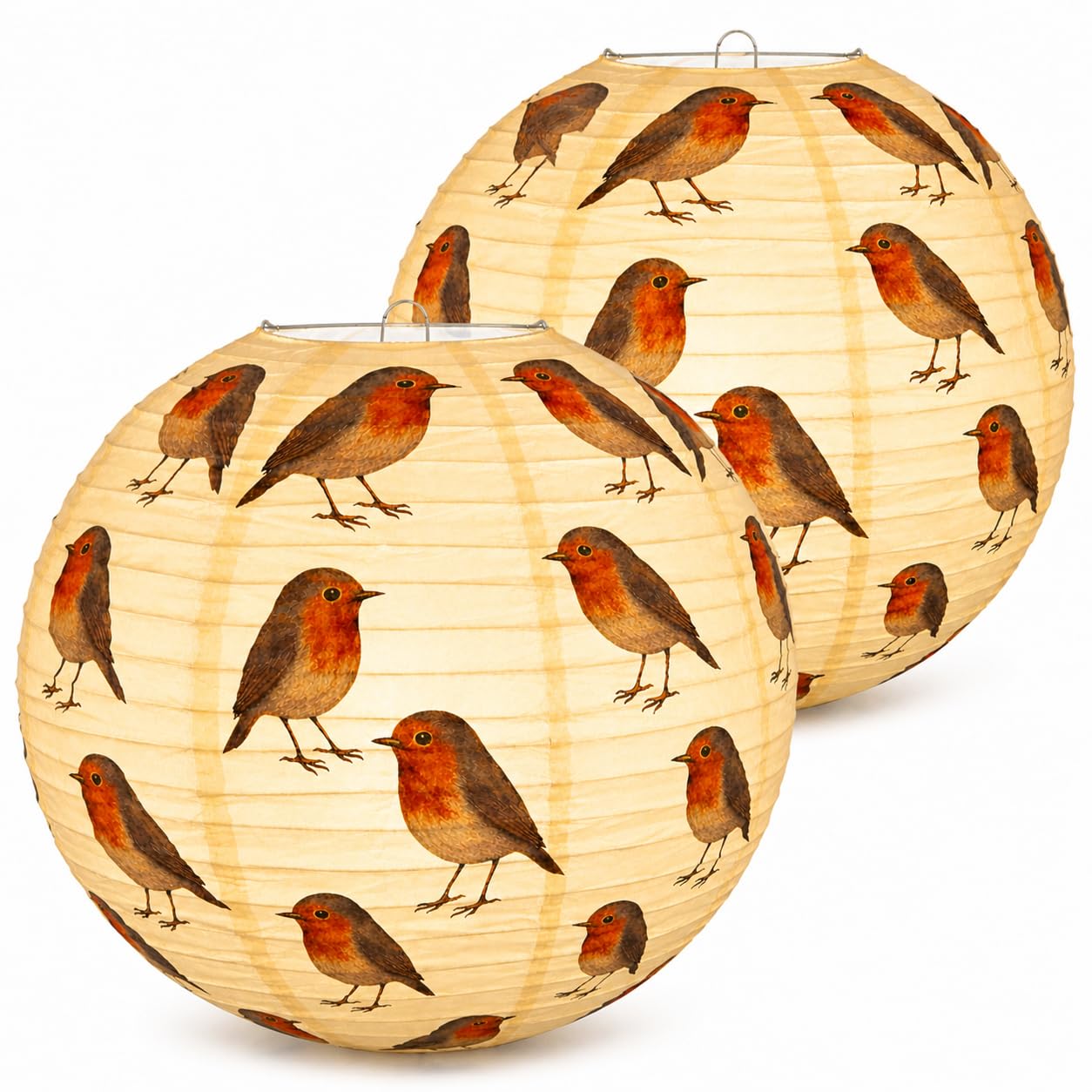 Paper Lampshade 2 Pack 40cm Round Ceiling Light Shade, Hanging Pendant Light Shade, Robin Bird Pattern, Cream Paper Lantern, Easy Fit, Soft Ambient Lighting (2)