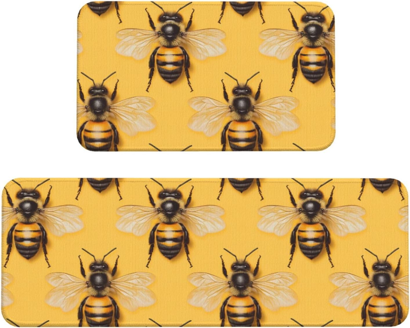 Cute Bee Print Kitchen Rugs Sets of 2 Non Slip Washable, Anti Fatigue Kitchen Mats for Floor, Home Decor