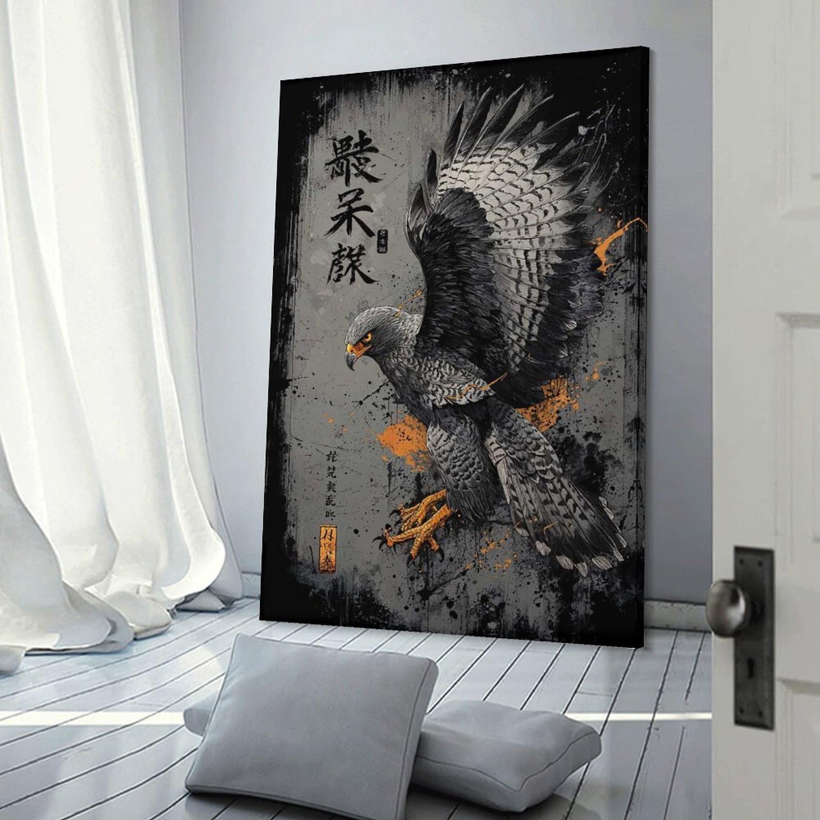 Junmoney Frame-Style-17 Hawk With Japanese Calligraphy Art Wall Picture Print, 12X18inch(30X45cm), For Wall Displays, Bedrooms Or Room Updates, Decorative Artwork With Flexible Styling