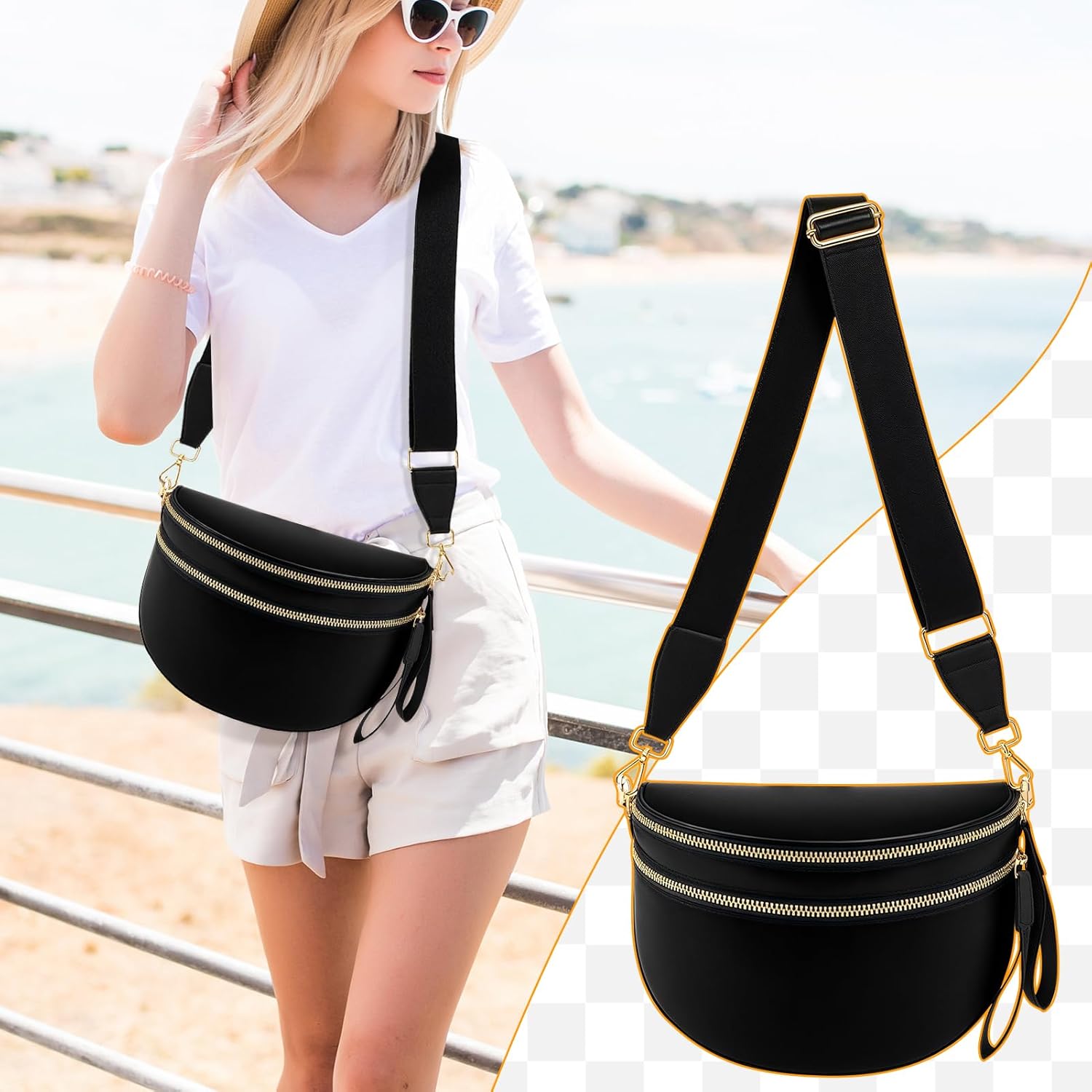 Checkered Crossbody Bags for Women Nylon Bum Bag Spacious Trendy Fanny Pack Large Sling Bags with Adjustable Strap - Image 2