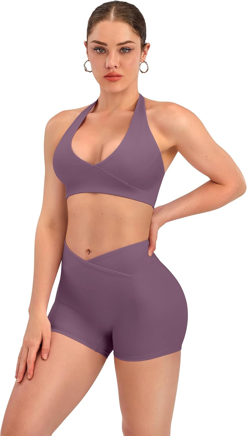 TDIFFUN Women Workout Sets 2 Piece V Neck Halter Sports Bra High Waisted Crossover Booty Gym Shorts Yoga Outfits