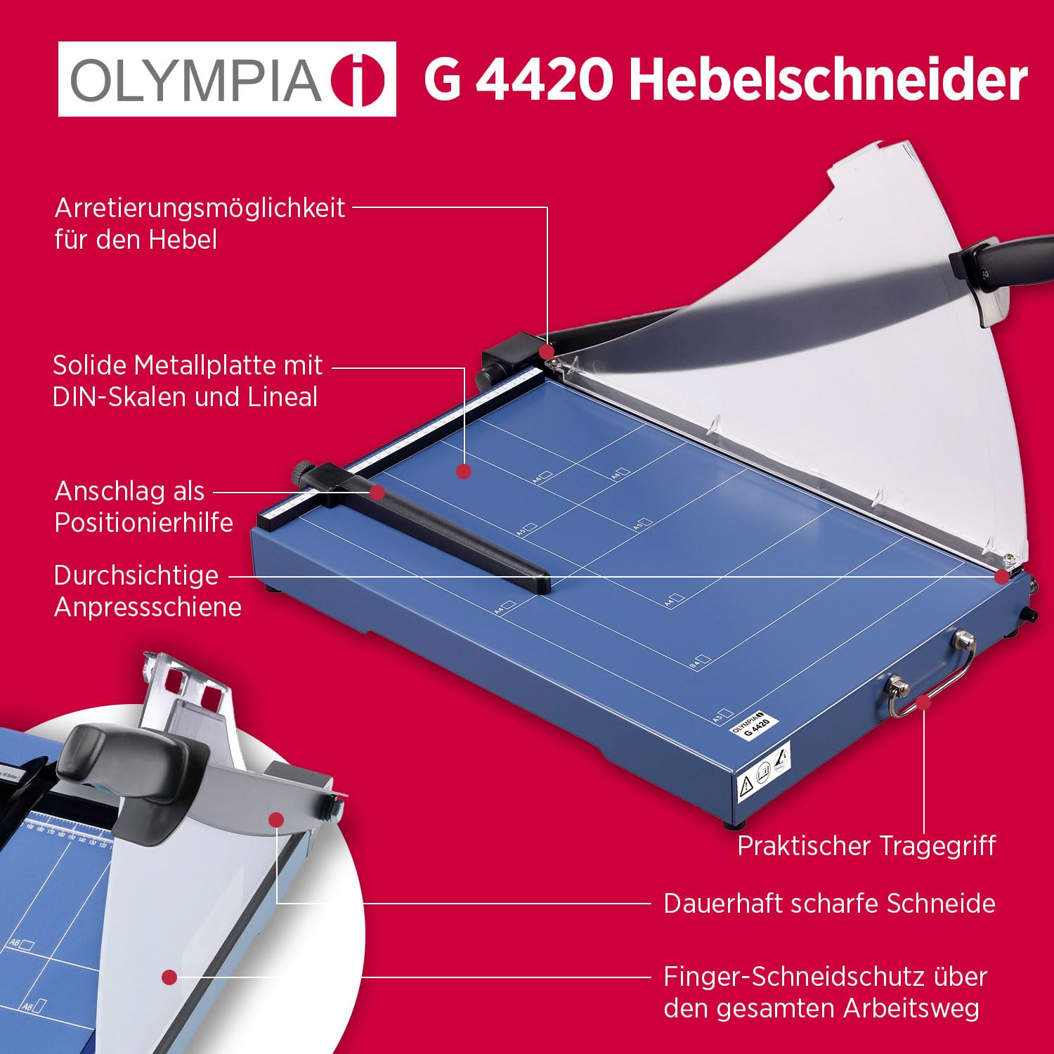 Olympia G 4420 Profi Hebelschneider | Papierschneidemaschine DIN A3 | 448mm Arbeitsbreite | Papierschneider A3 | sichere Schneidemaschine | bis zu 20 Blatt | Fingerschutz & arretierbarer Hebel | blau