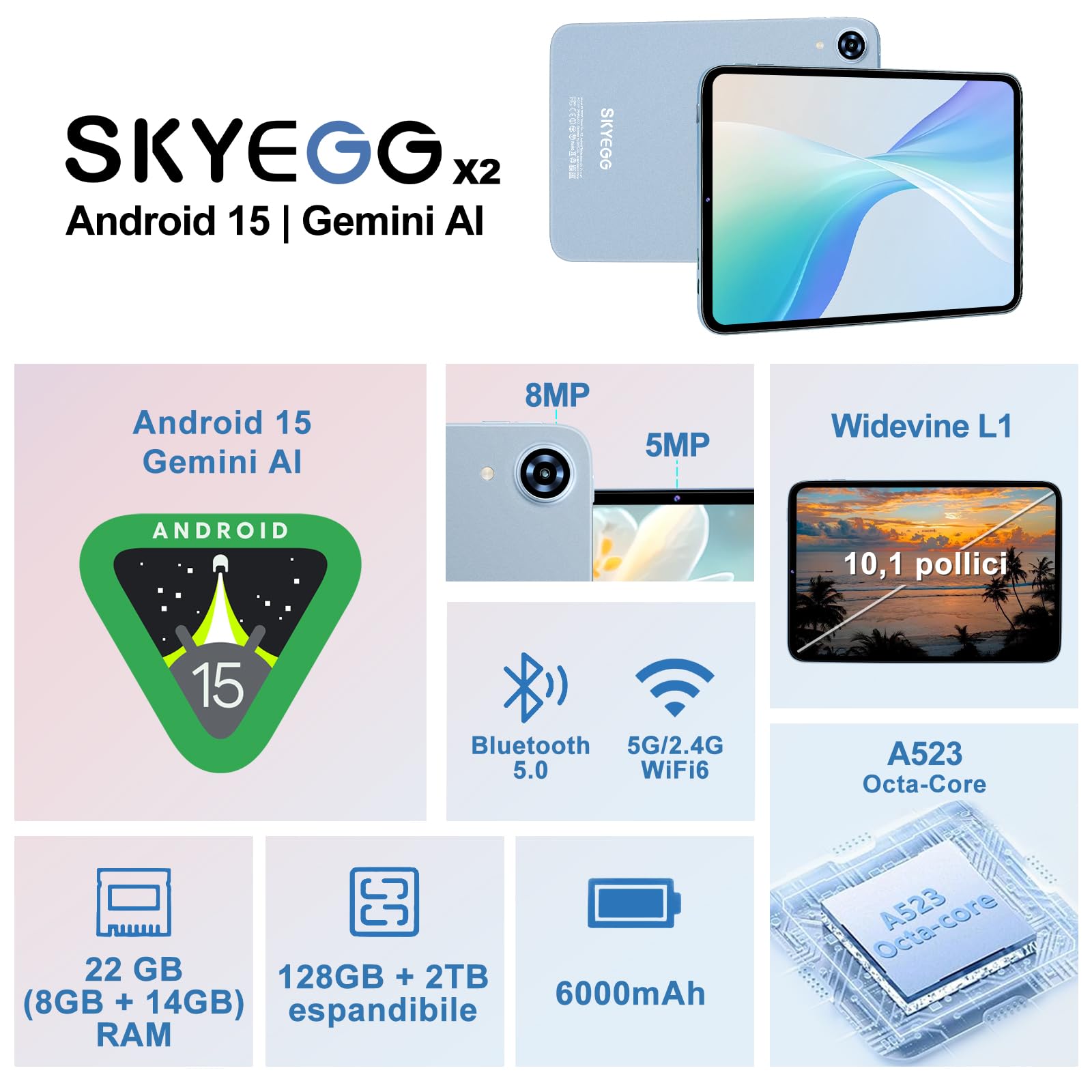 Tablet 10 Pollici Android 15 con 22 GB RAM+128 GB ROM, Gemini AI, Verde