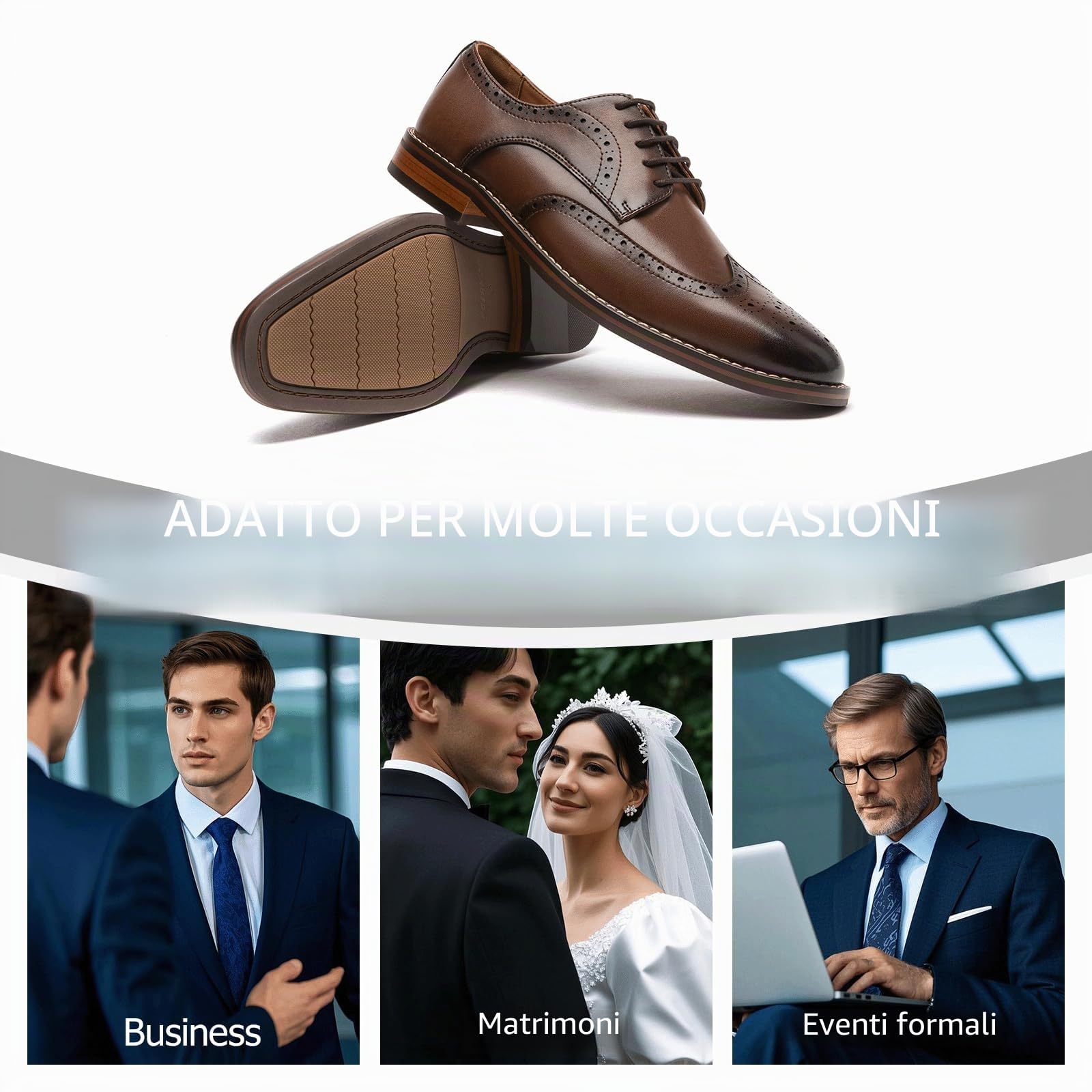 Poerkan Scarpe eleganti formali da cerimonia da uomo Oxford & Derby: stringate classiche in pelle nera e marrone con dettagli brogue in vernice, Marrone, 40 2/3 EU