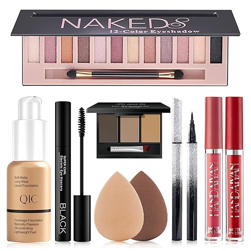 Kit completo de maquillaje para mujer, todo en uno, incluye paleta de sombra de ojos desnudos de 12 colores, base beige, delineador líquido