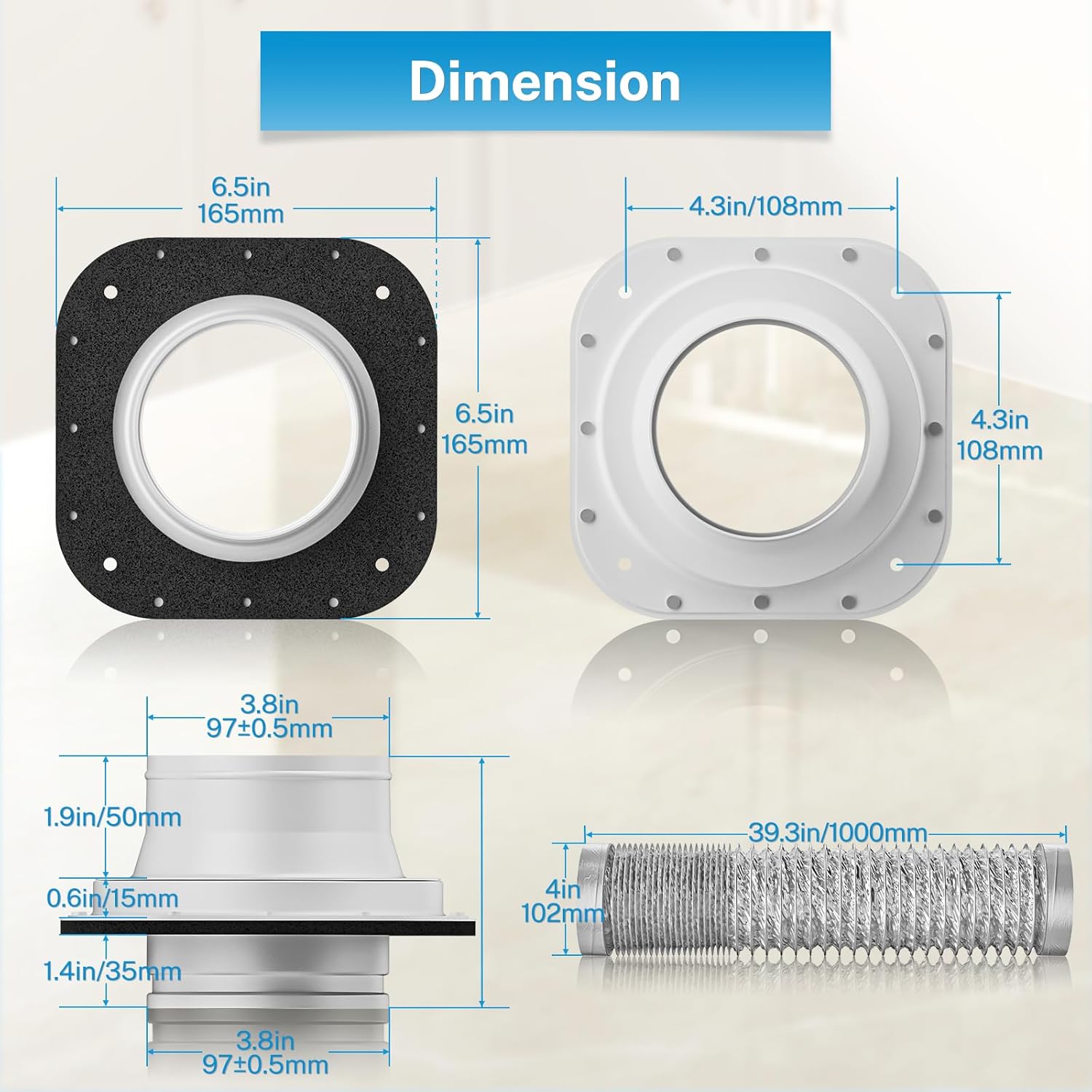 Hon&Guan Magnetic Dryer Vent Coupling Connector Kit DV180 with 6-Ply 4" 3ft Aluminum Foil Dryer Vent Hose for Tight Space & 2 Clamps(White)
