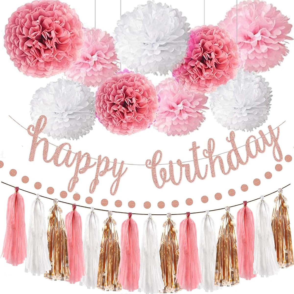 Juego de decoraciones para fiesta de cumpleaños de oro rosa, pancarta de feliz cumpleaños con purpurina de oro rosa, pompón de papel de seda, guirnalda de puntos circulares y guirnalda de borlas para decoraciones de fiesta BDAY