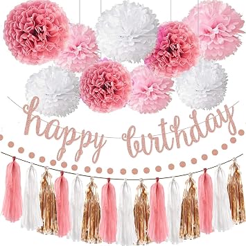 OuMuaMua Pink Rose Gold Birthday Party Decorations Set, Rose Gold Glittery Happy Birthday banner, Tissue Paper Pom, Circle Dots Garland and Tassel Garland for BDAY Party Decorations