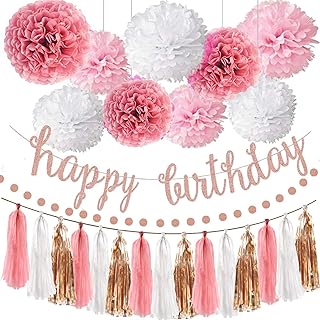 OuMuaMua Pink Rose Gold Birthday Party Decorations Set, Rose Gold Glittery Happy Birthday banner, Tissue Paper Pom, Circle Dots Garland and Tassel Garland for BDAY Party Decorations