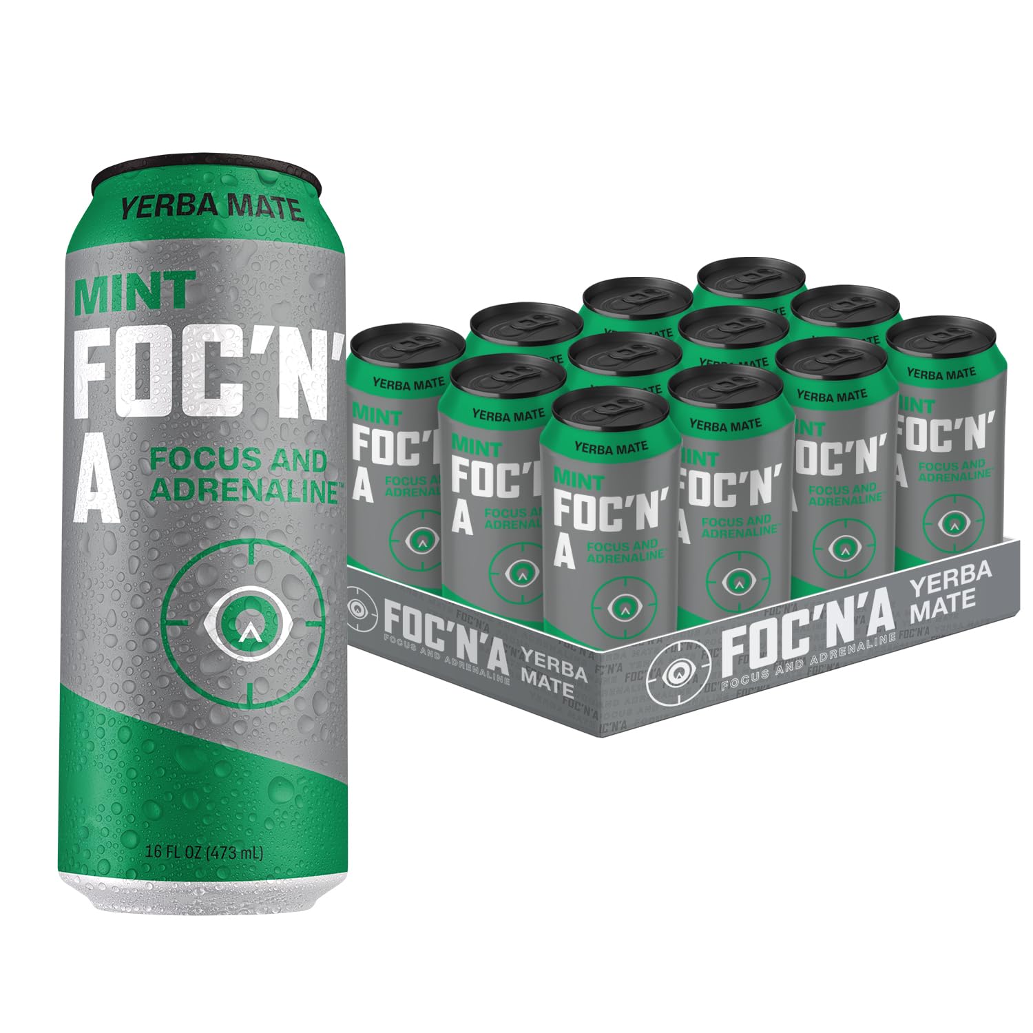 FOC'N'AFocus & Adrenaline | Yerba Mate | 12 Pack | 100% Organic Yerba Mate Caffeine | 6 Natural Ingredients | No Artificial Colors or Stimulants | Mint Flavor