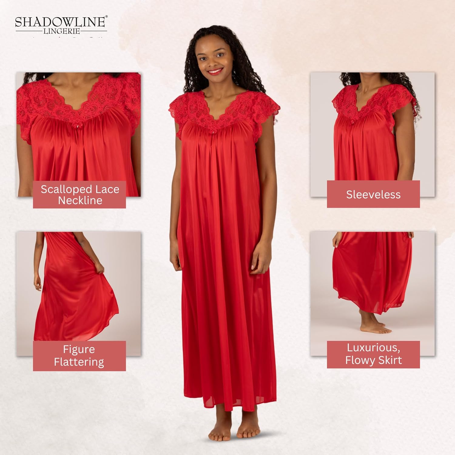 Shadowline Women's Long Flowy Figure Flattering Cap Sleeve Nightgown– Silky Floral Soft Lace Lingerie Elegant Sleepwear - Image 2