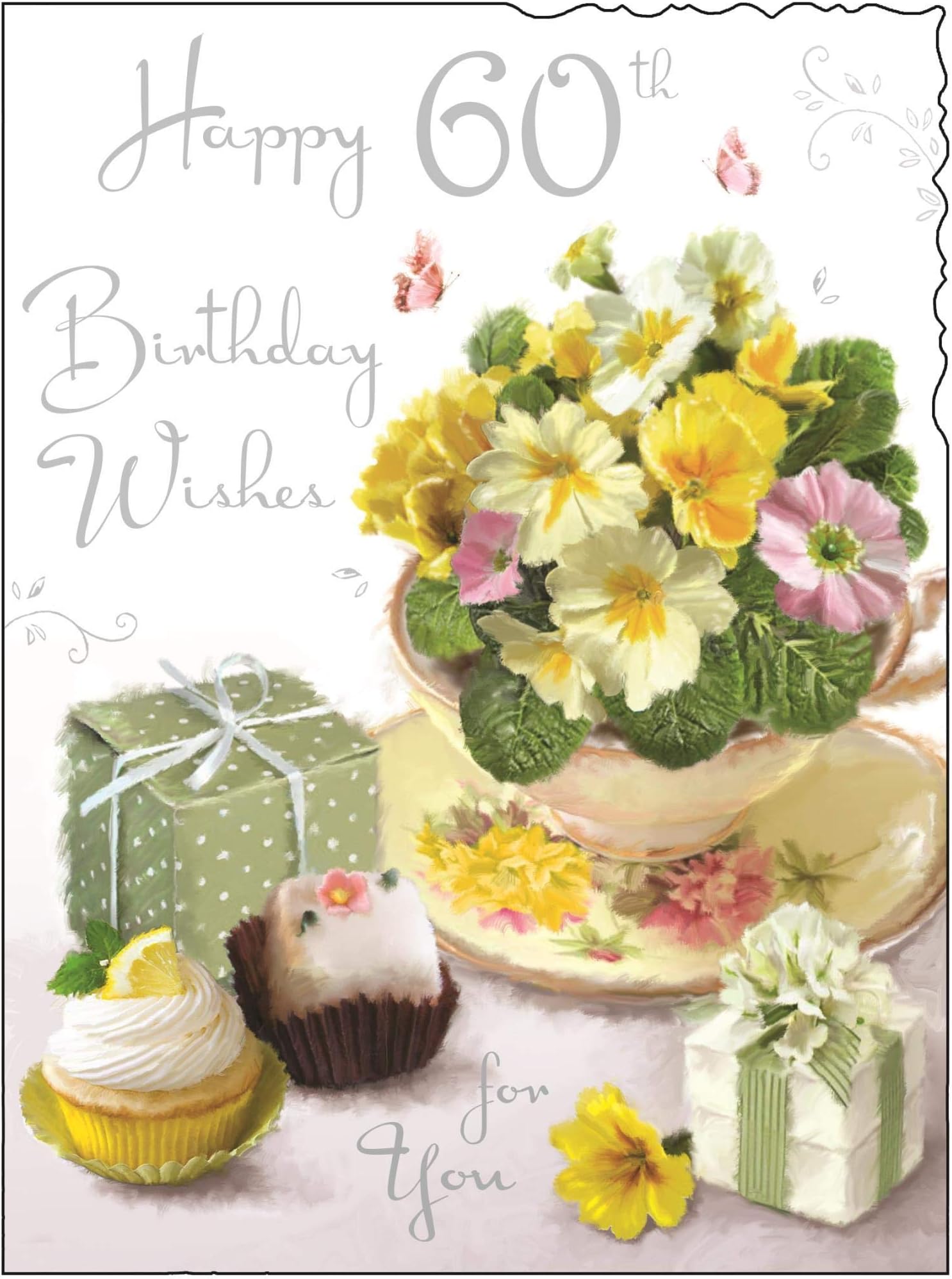 Female 60th Birthday Card (JJ-V286) - Yellow Primroses and Cakes - Embossed, Foil and Flitter Finish