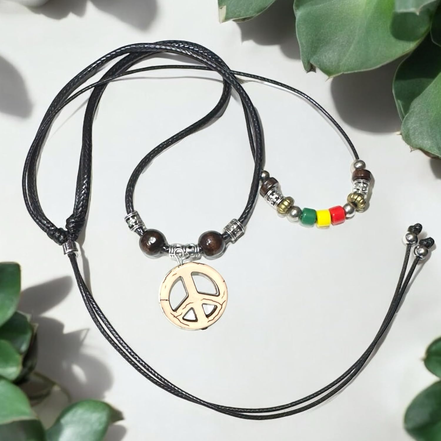 Double Layers Peace Sign Pendant Hemp Hawaiian Peace Symbol Necklace Rasta plaid Hippie Braid - Image 5