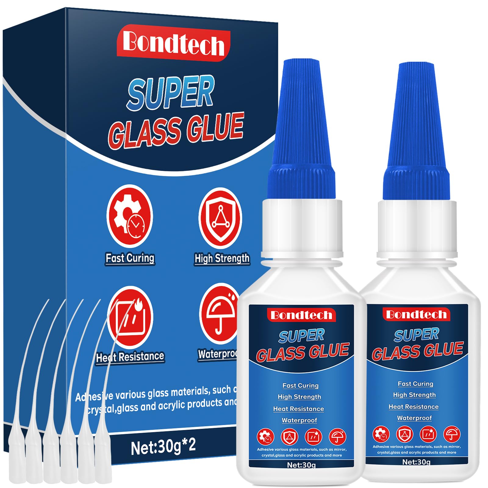 Glass Glue 30 g*2, Glass Glue Clear Repair Heavy Duty, Ultra-Strong Adhesive for Glass, Acrylic, Mirror and More, with Anti-Clog Cap