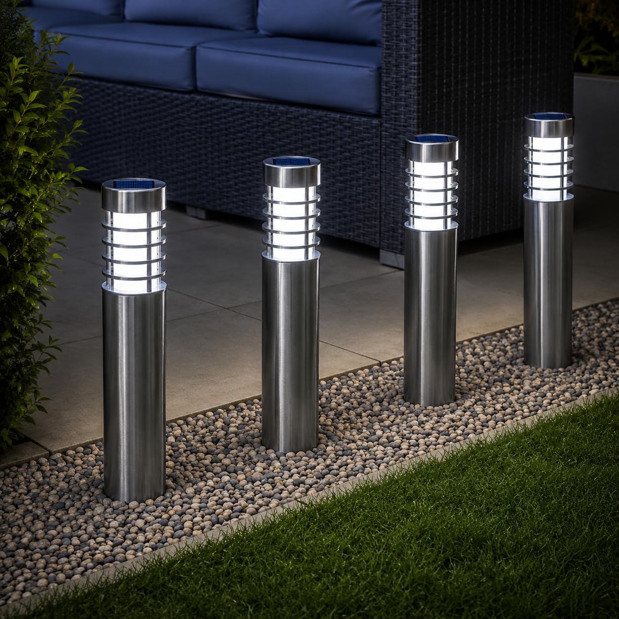 Marco Paul Set of 4 20L Orion Bollard Outdoor Lights Solar Powered Stainless Steel Garden Lights Waterproof Perfect for Flowerbeds Borders Driveways Pathway Lighting