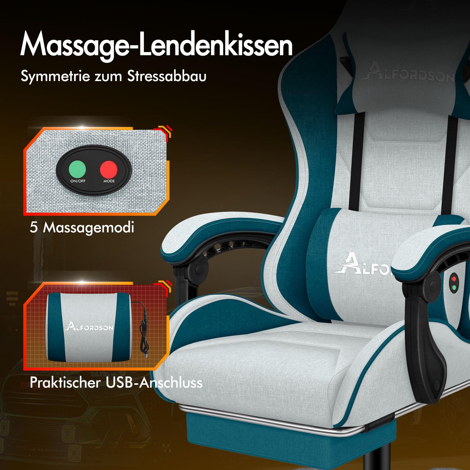 ALFORDSON Massage Gaming Stuhl Gamer-Stuhl ergonomischer Bürostuhl, Schreibtischstuhl Rennstuhl Verstellbarer, 360° Drehstuhl, höhenverstellbarer PC-Stuhl, Neigungswinkel 90°-150°, Dunkelblaugrün