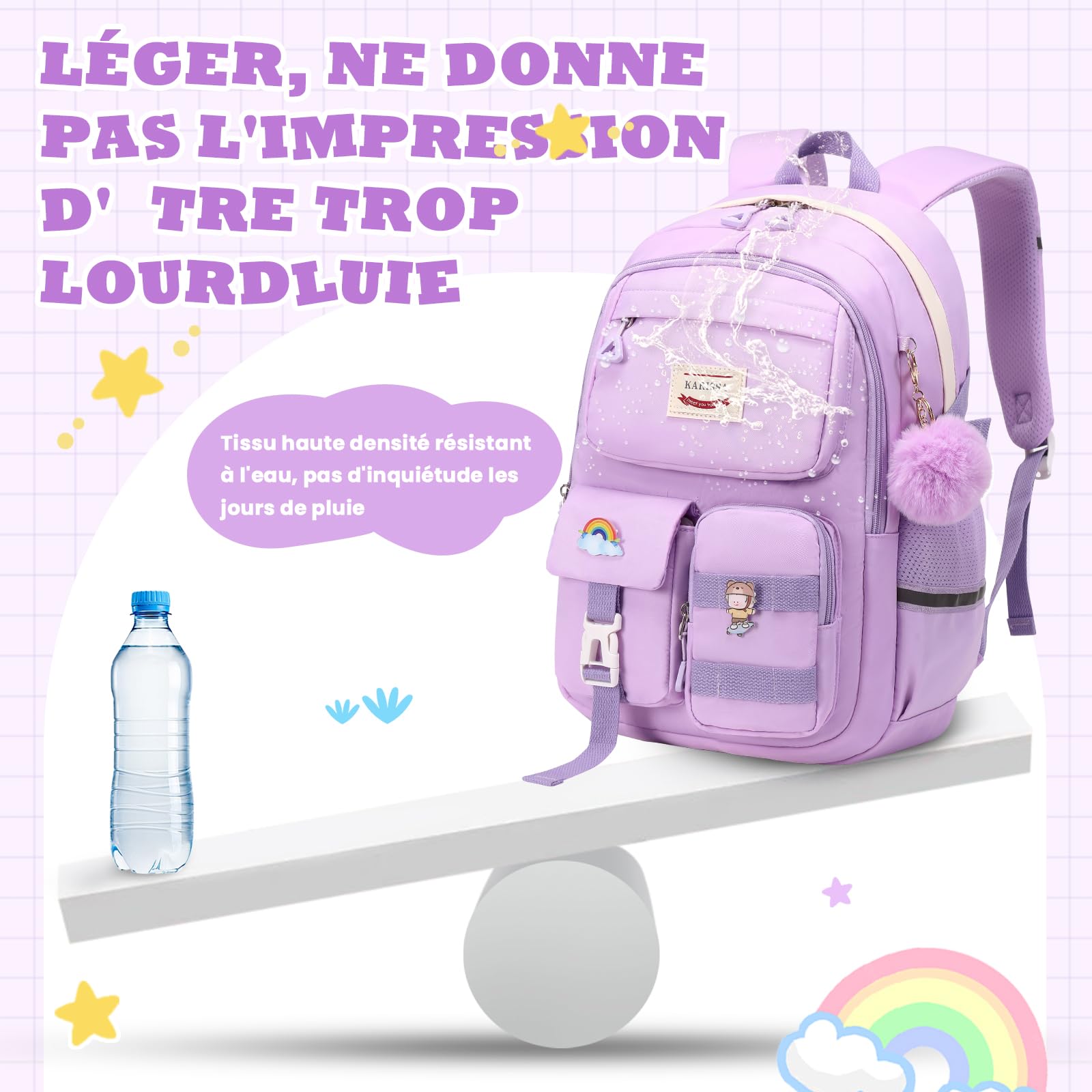 Sisipoet Sac à Dos Fille, Cartable Primaire Fille 10-18 Ans, Sac d'école Respirant Imperméable Nylon, Cartable Enfant avec Accessoires, Léger Confortable pour École et Voyage