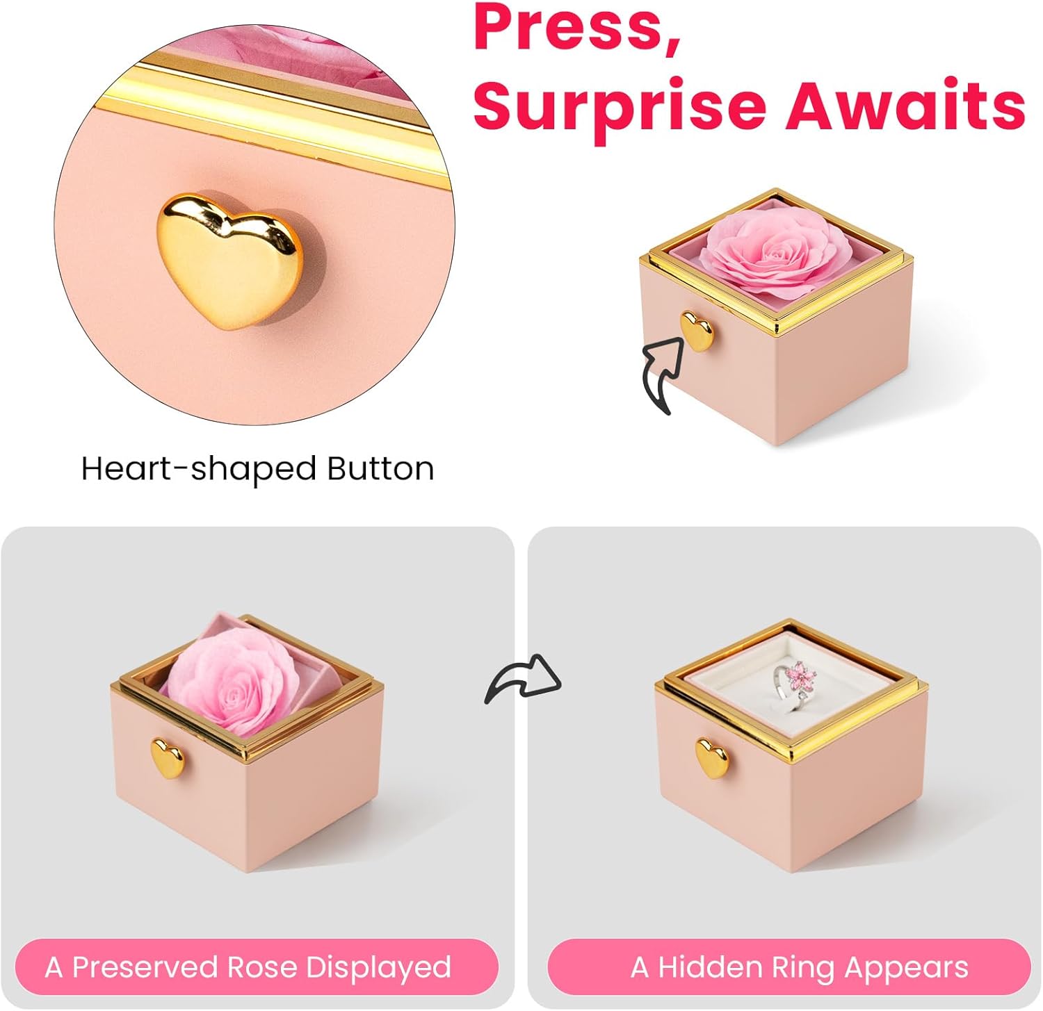 Valentines Day Gifts for Her Girlfriend Wife, Flip Flower Jewelry Box With Ring Birthday Gift for Women Mom Sister, Preserved Rose Ring Box for Anniversary Wedding, Proposal, Pink - Image 3