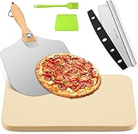 GOFOWRK 15x12 Inch Pizza Stone 5PCS Set - 0.6" Thick Cordierite Baking Stone, Collapsible Metal Peel, Rocker Cutter for Oven & Grill Crispy Pizza