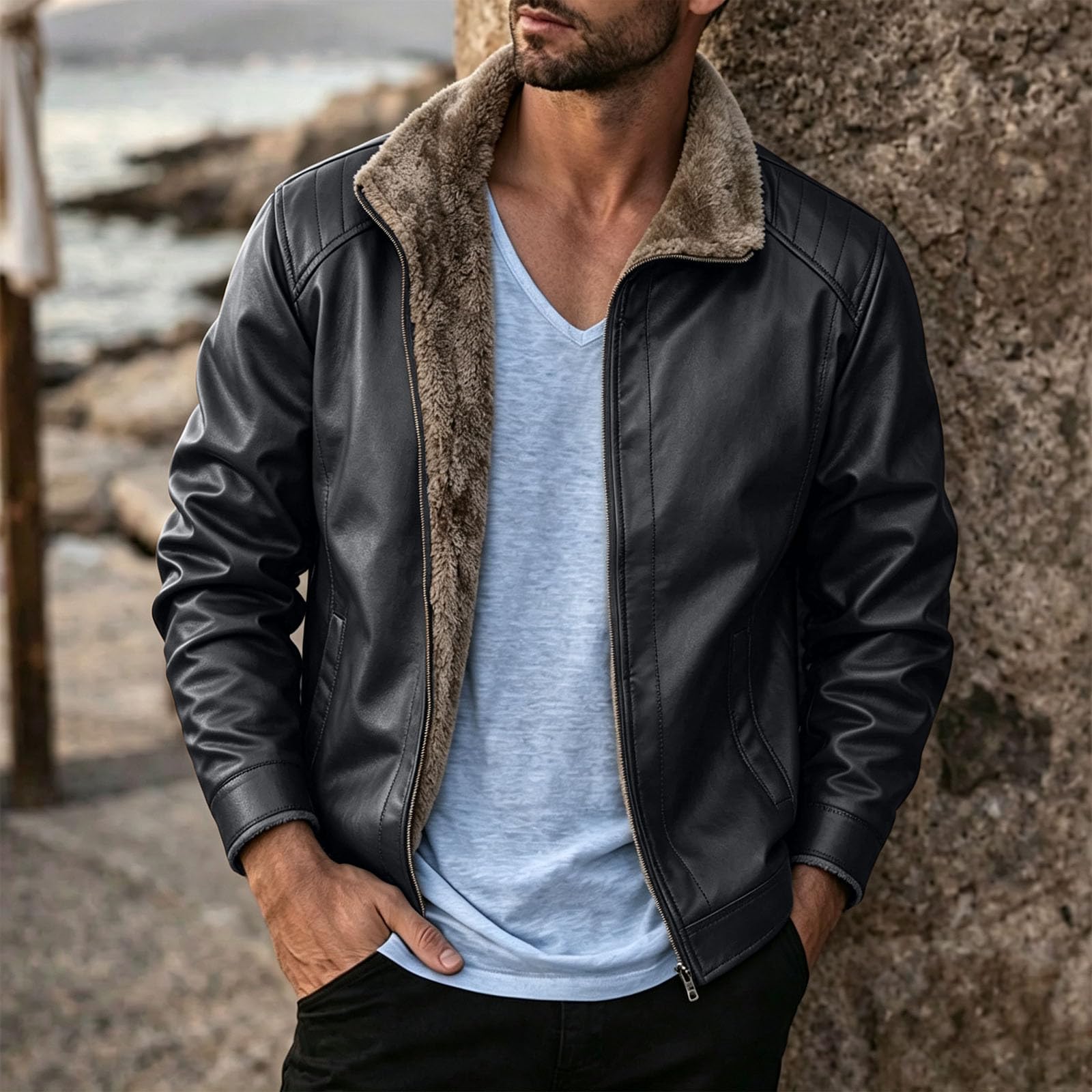 Motorrad Lederjacke Herren Vintage Motorradjacke Fleece Dicke Bikerjacke