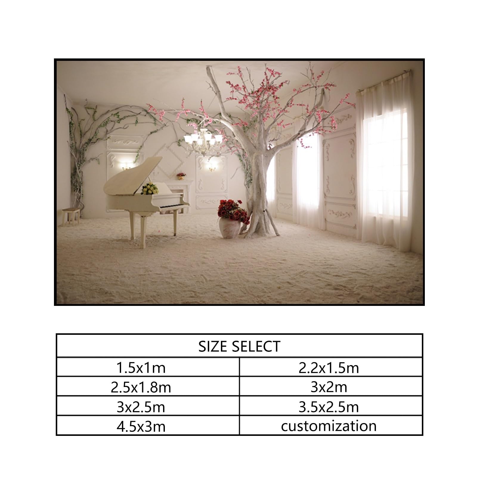YongFoto 4,5x3m Fondo de Fotografia Interior White Piano Pink Flowers Árboles Cortina Blanca Archicultura Europea Telón de Fondo Fiesta Niños Boby Boda Retrato Estudio Fotográfico Accesorios
