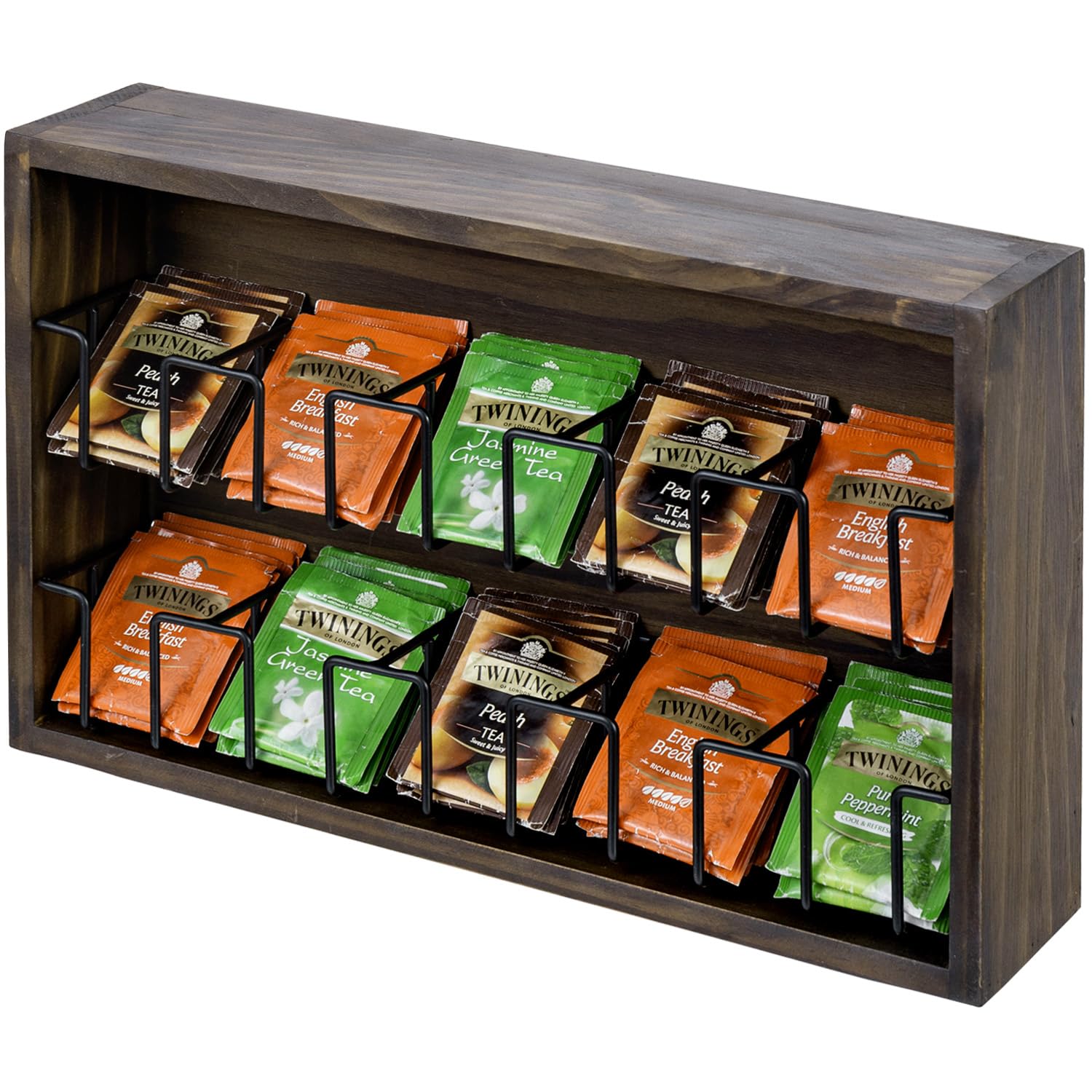 MyGift Tea Bag Organizer, Wall Mounted Deluxe Burnt Solid Wood Variety Tea Display Box with 10 Black Metal Basket Compartments