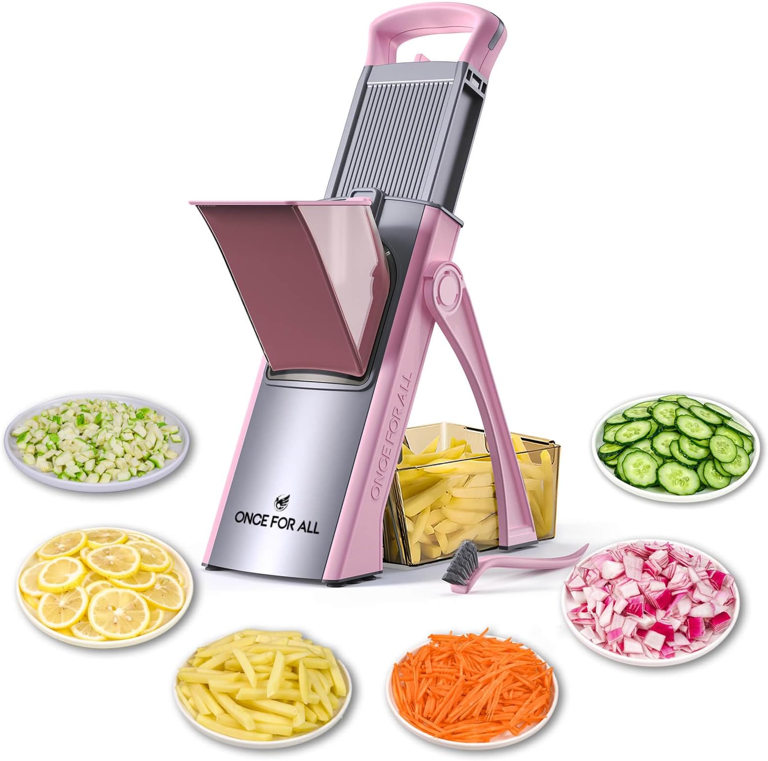 ONCE FOR ALL Safe Mandoline Vegetable Slicer Adjustable Thickness Potato Onion Chopper Vegetable Cutter Safety Upright Dicer for Kitchen JS03 (Pink)
