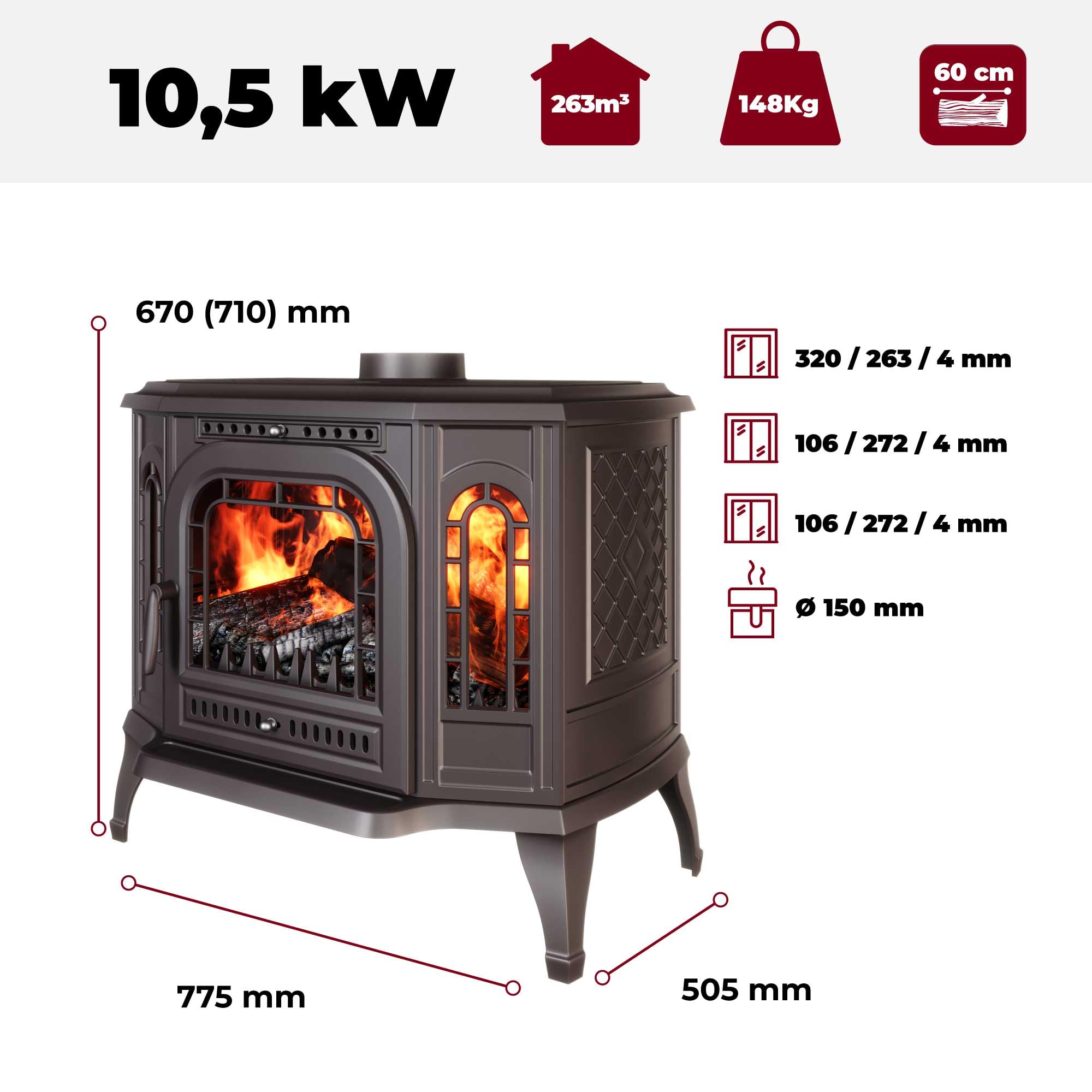 Stufa a legna libera installazione, in ghisa nera, apertura destra/sinistra - P7 LB (10,5 kW) ECO (apertura sinistra)