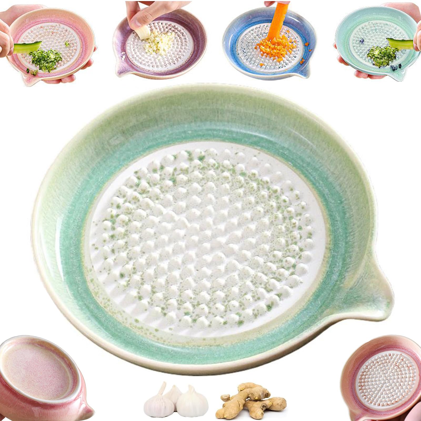 Ceramic Grater Plate - Gradient Porcelain Garlic Grater and Ginger Grinder Dish with Spout | Handheld Kitchen Tool for Cheese, Chocolate, Fruits & Vegetables | Easy to Clean, Compact 4.7" Size