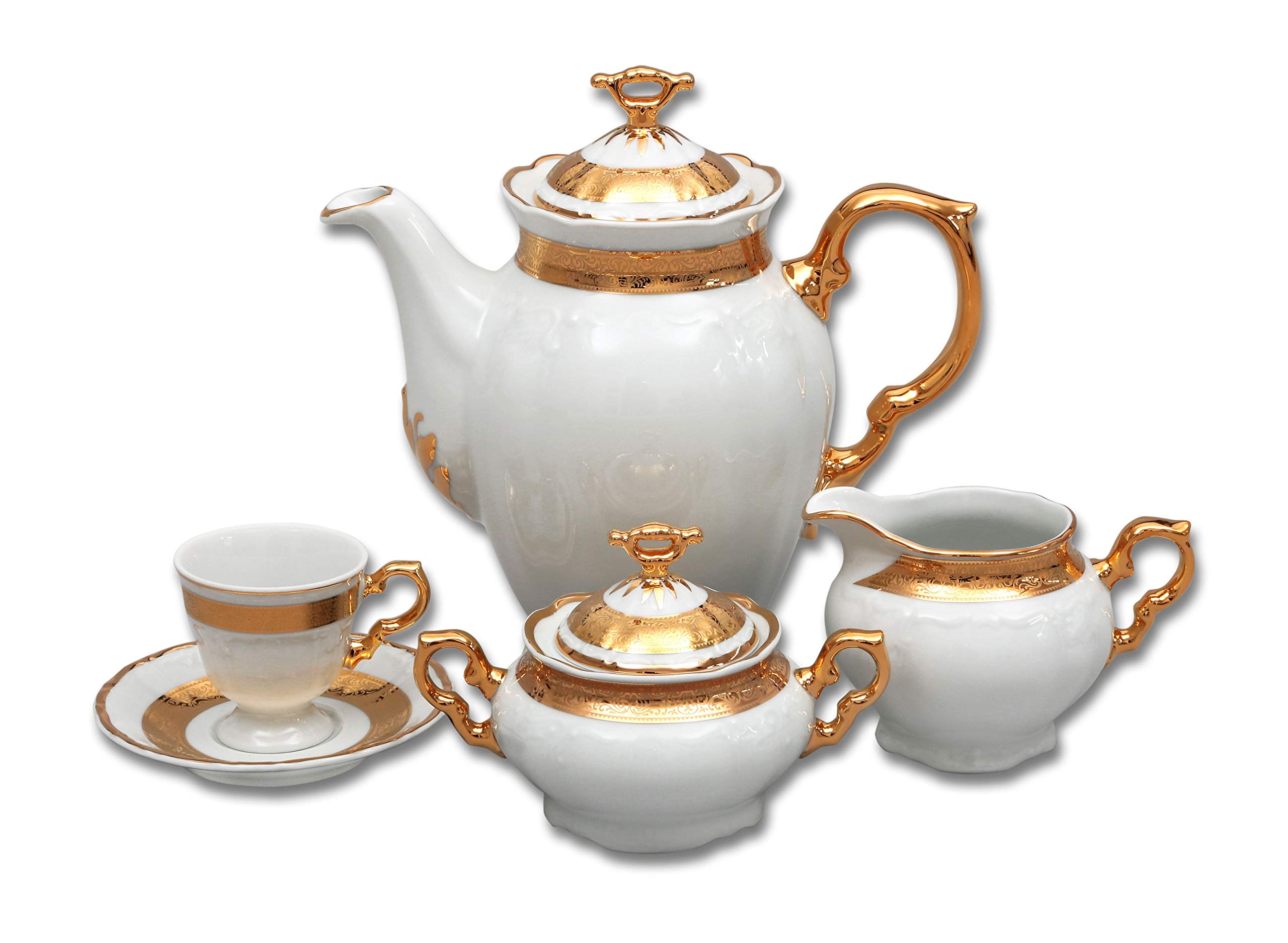 Porcelain Coffee Set Marie Louise | 6 Cups (3oz) with Saucer, 1 Coffee Pot (41oz) with Lid, 1 Sugar Bowl with Lid, 1 Milk Pot | Decorative China Full Serving Coffee Set