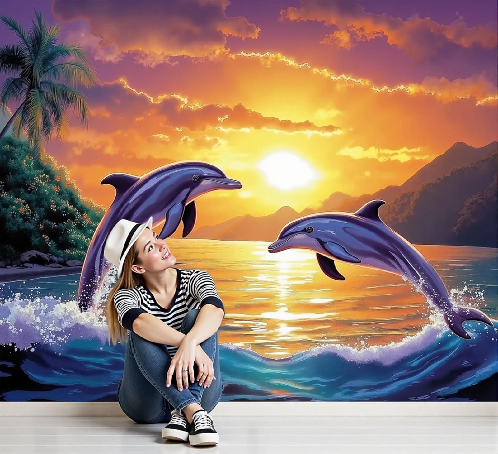 Non-woven photo wallpaper, nature, palm trees - XL wall, sunset, kissing dolphins motif, 3D effect wall decoration, bedroom, living room, orange, 250cm x 175cm, stickers - frameless painting - poster