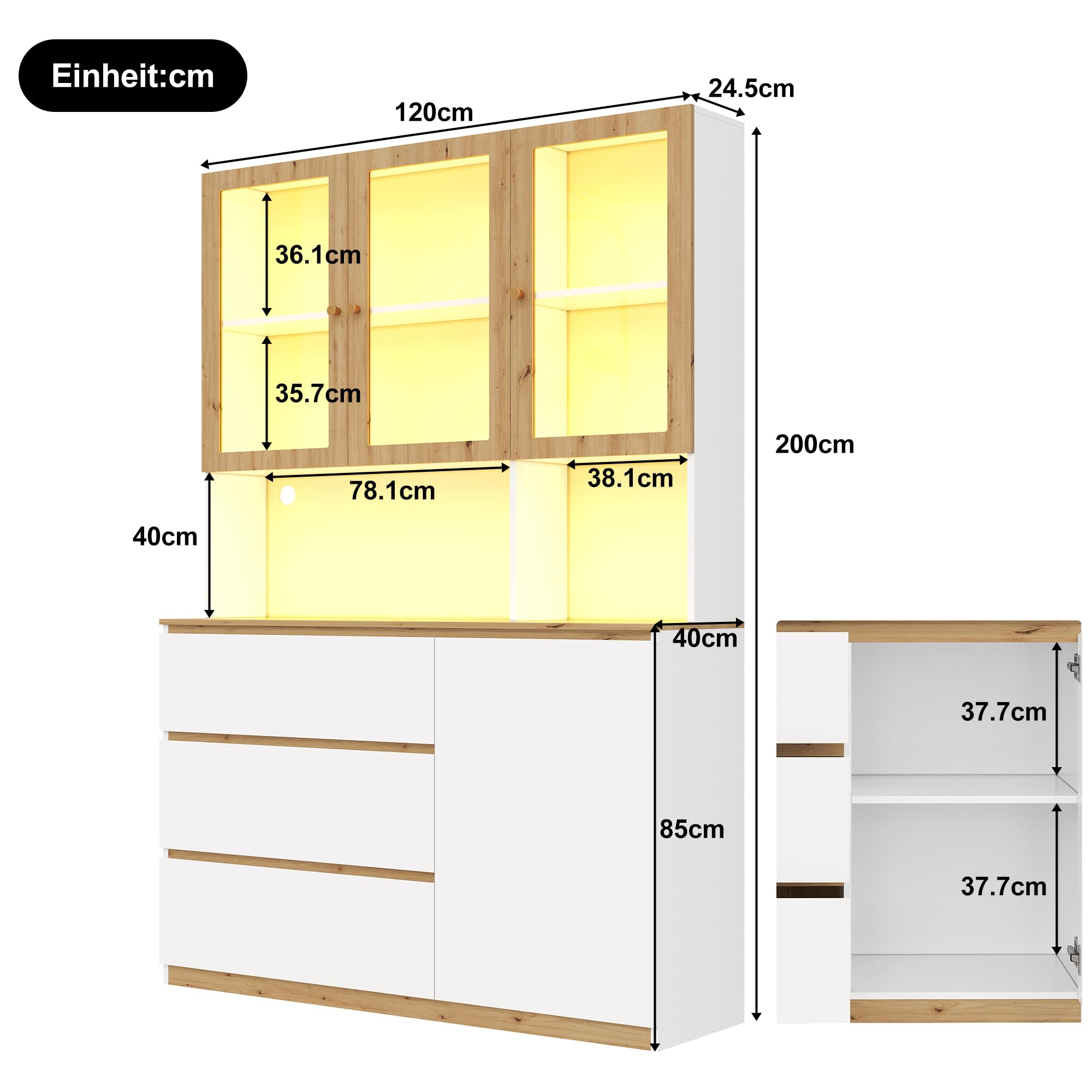 Merax Vitrine Hochschrank mit LED 120×24,5×200 cm, Glasvitrine mit 3 Schubladen und Tür, offenes Fach mit Kabelmanagement, Standmöbel für Wohnzimmer Esszimmer Küche, Weiß+Holzfarbe