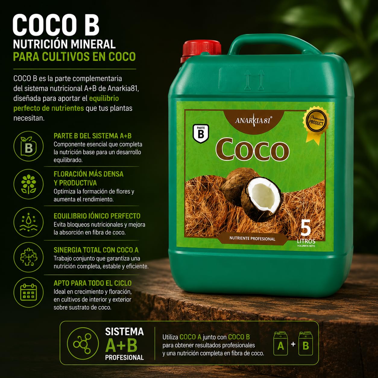 COCO B 10 L – Fertilizante Base Coco Parte B Nutrición Mineral A+B para Floración Plantas Cultivo en Fibra de Coco Interior y Exterior - Anarkia81