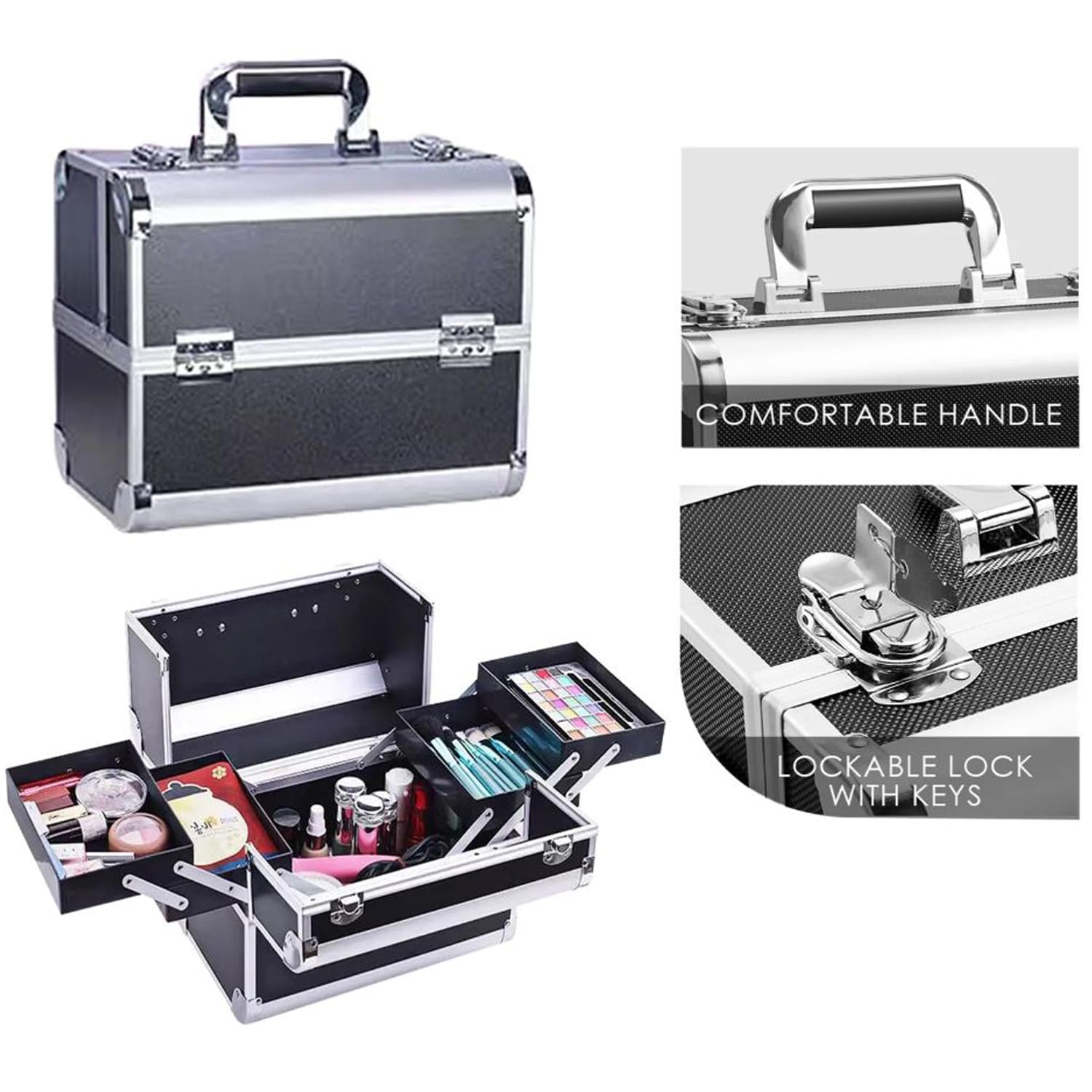 SIBY Aluminum Alloy Makeup Box/Organizer Case with 5 Compartments - Waterproof, Durable, and Portable Cosmetic Box- Black 3