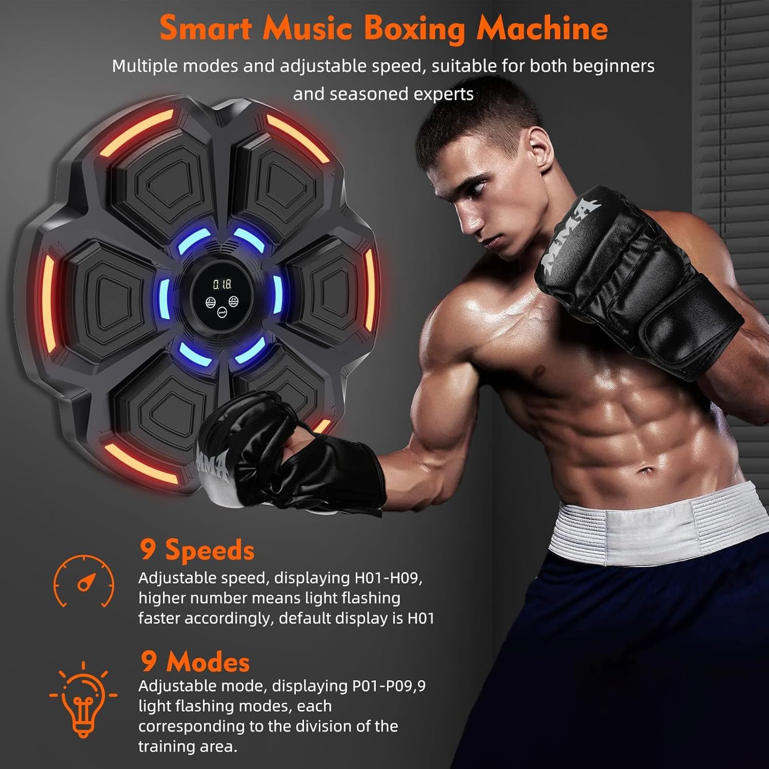 Maquina Boxeo Musical Pared 9 Modos 9 Velocidad Music Boxing Machine Adulto con Guantes Bluetooth Recuento Inteligente