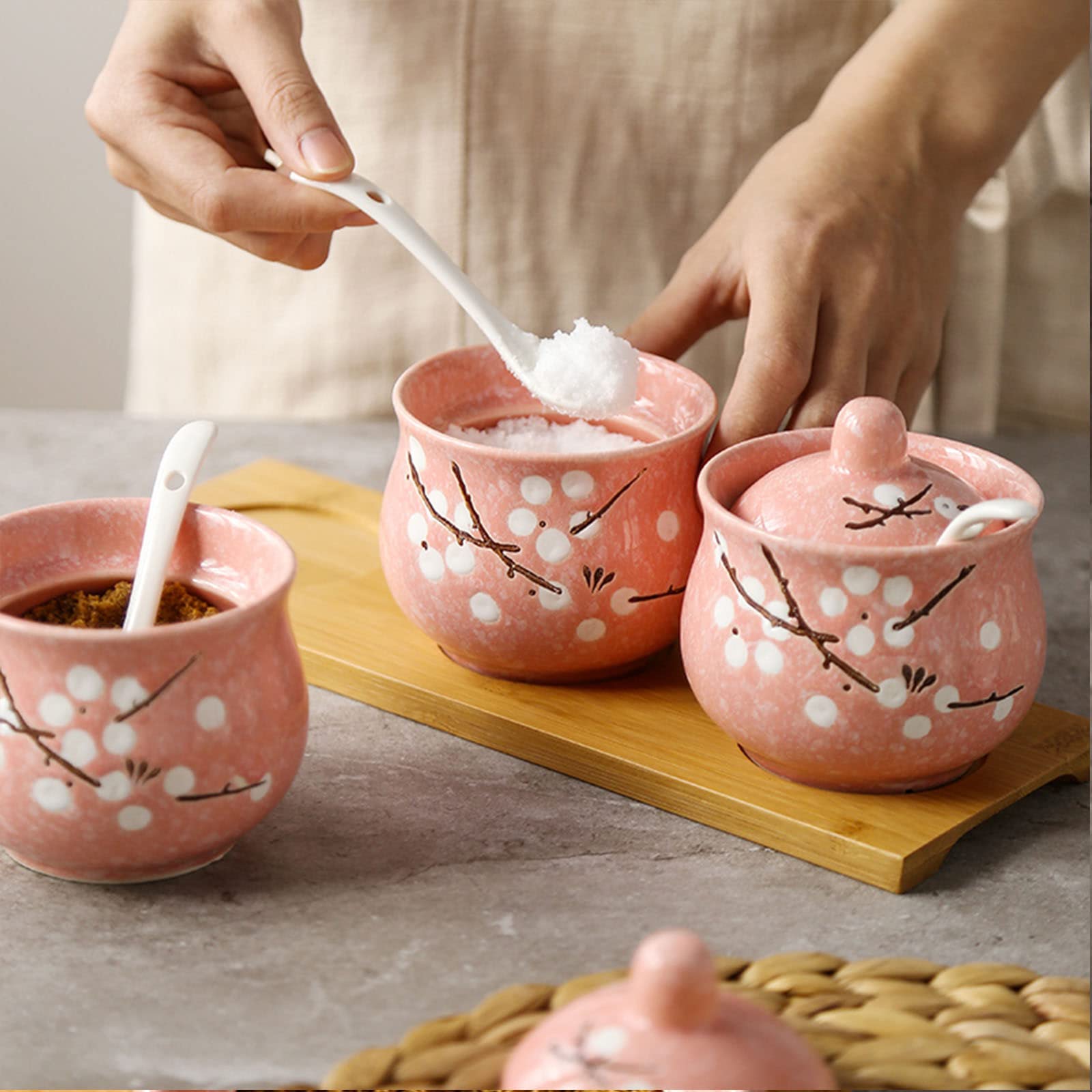 Sucrier en Fleur De Prunier De Style Chinois avec Couvercle Et Cuillère, Pot À Sucre en Céramique, Pot À Épices pour Récipient À Sucre, Pot À Sel, Boîte À Assaisonnement