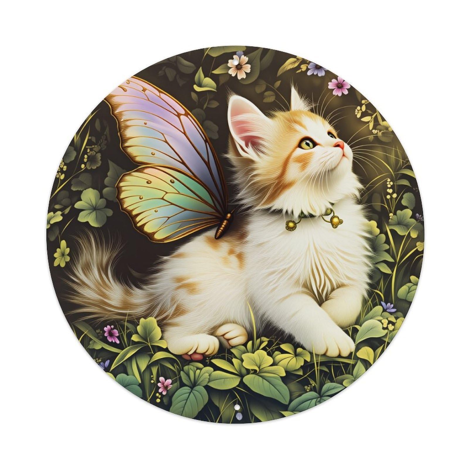 Butterfly Wings Cat Floral Garden Round Tin Sign Vintage Style Metal Sign Home Bar Garden Wall Plaque Decor Metal Poster 8x8 Inch