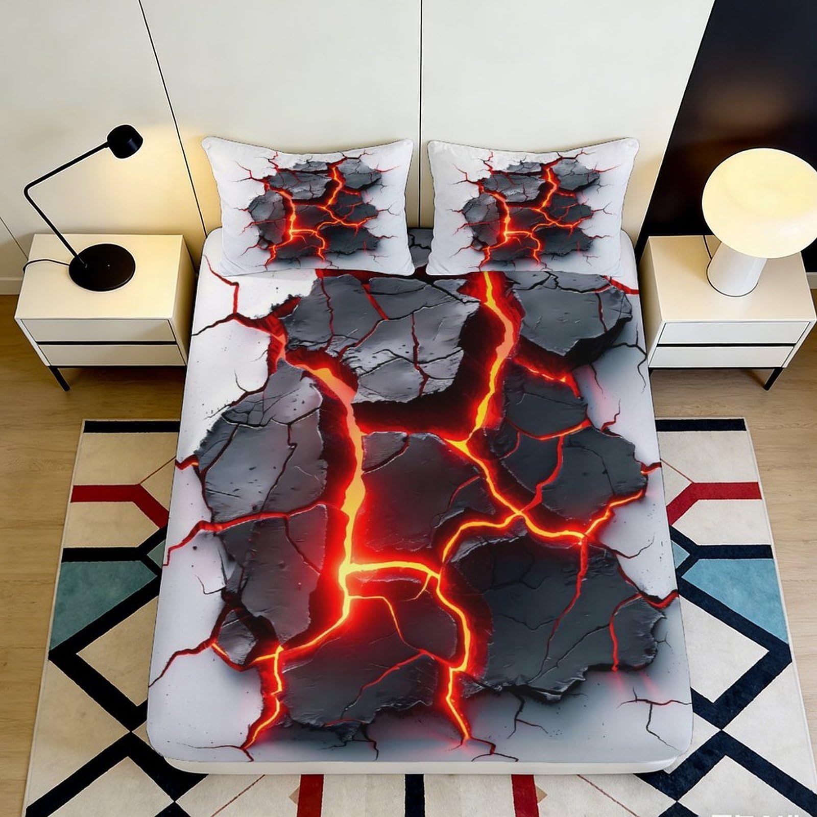 3D Printed Lava Cracks Fitted Sheet Microfiber Soft Breathable Volcanic Eruption Bed Cover for Bedroom Dormitory Guest Room Mattress Protection 120x200x25cm