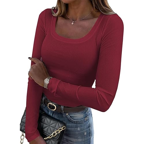 Zeagoo Women's Long Sleeve Scoop Neck Shirts Casual Slim Fit Rib Knit Tops Summer Fall Basic Business Work Tee