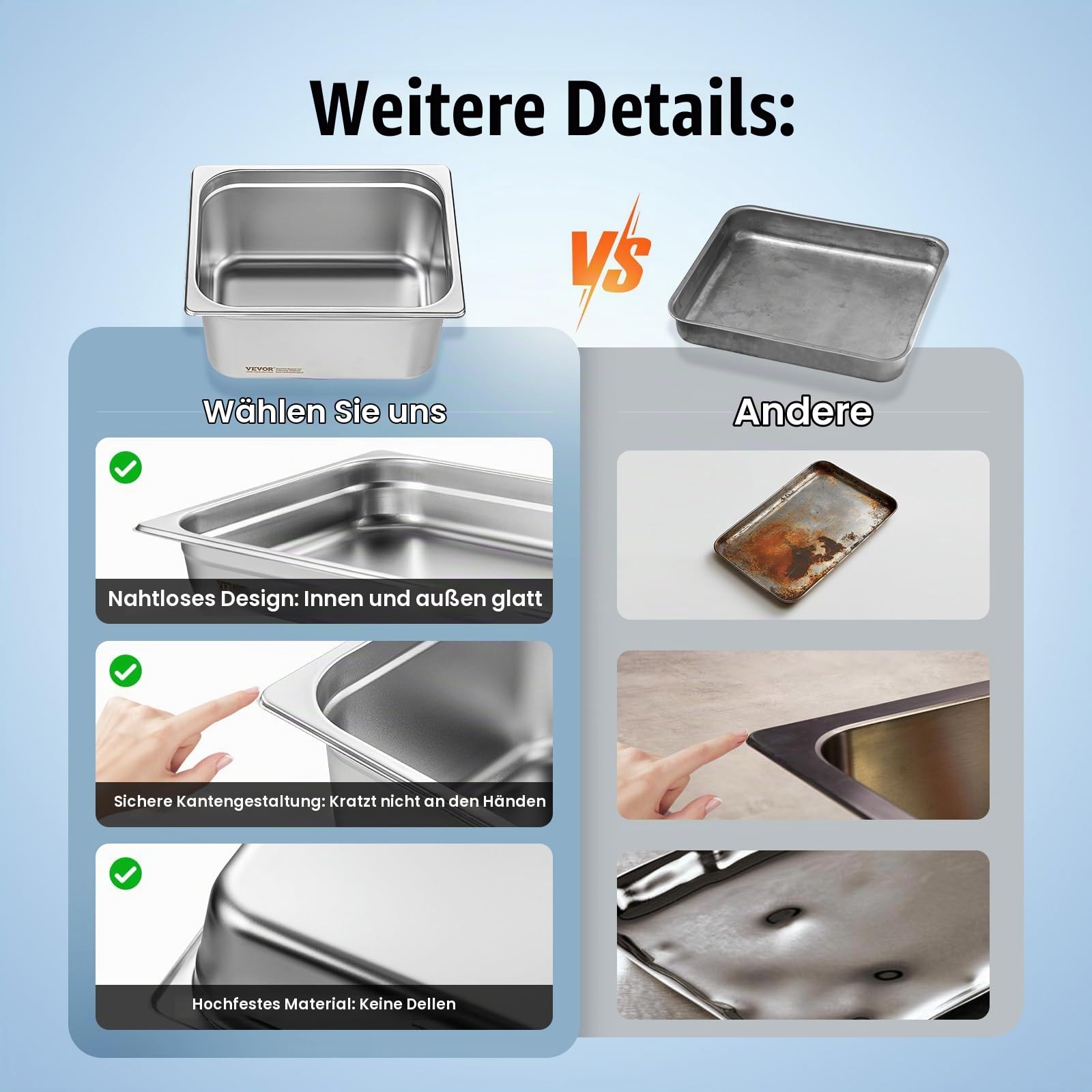 VEVOR GN 1/2 Gastronormbehälter, Edelstahl Behälter 6 Stk. 325 x 266 x 148 mm Speisebehälter, kommerzieller Dampfpfanne Warmhaltebehälter, Hotelpfanne Tisch Food Pan Buffet