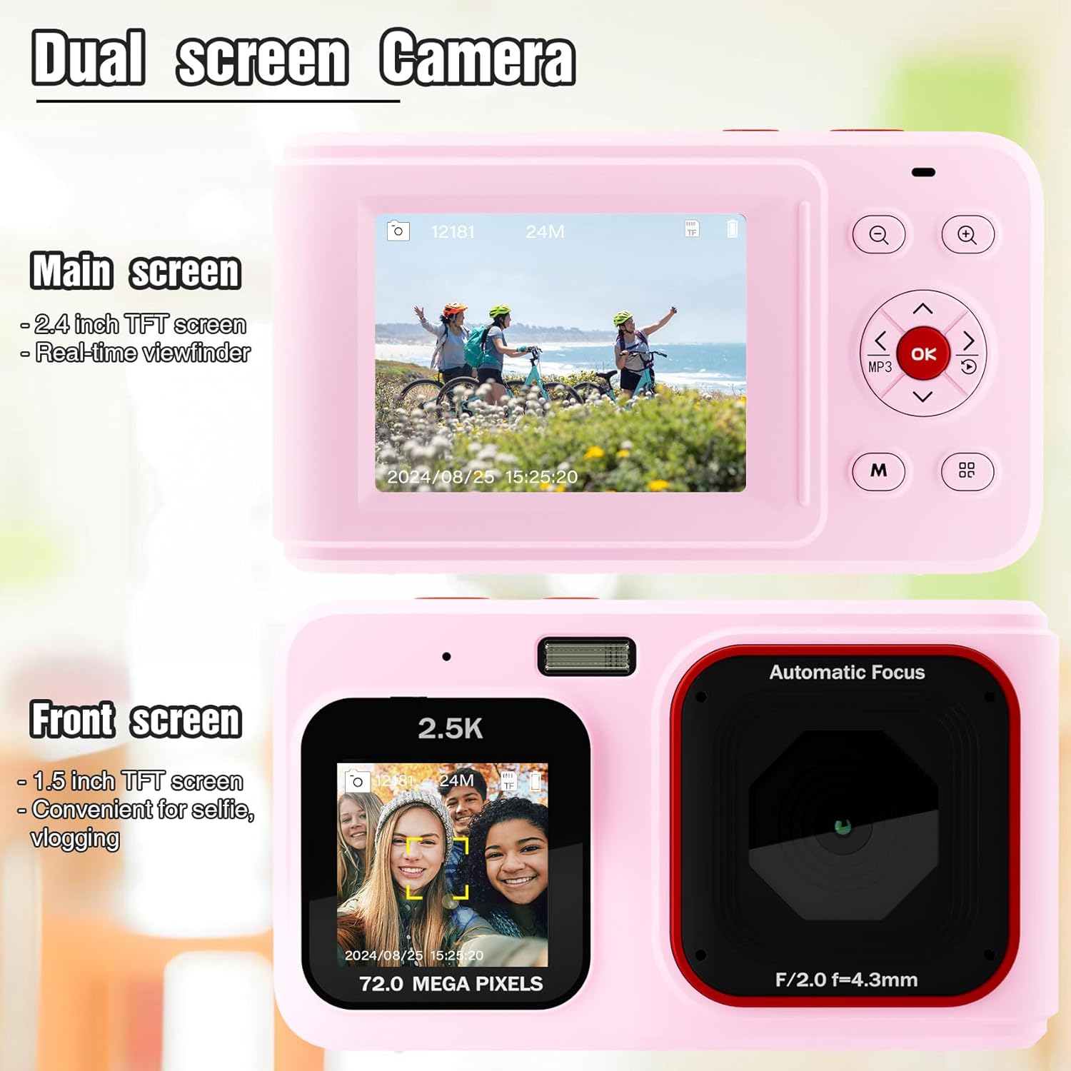 Image demonstrating the dual screen functionality of the Sheawasy SHXJ-02 Digital Camera, showing the main 2.4-inch screen and the 1.5-inch front screen.