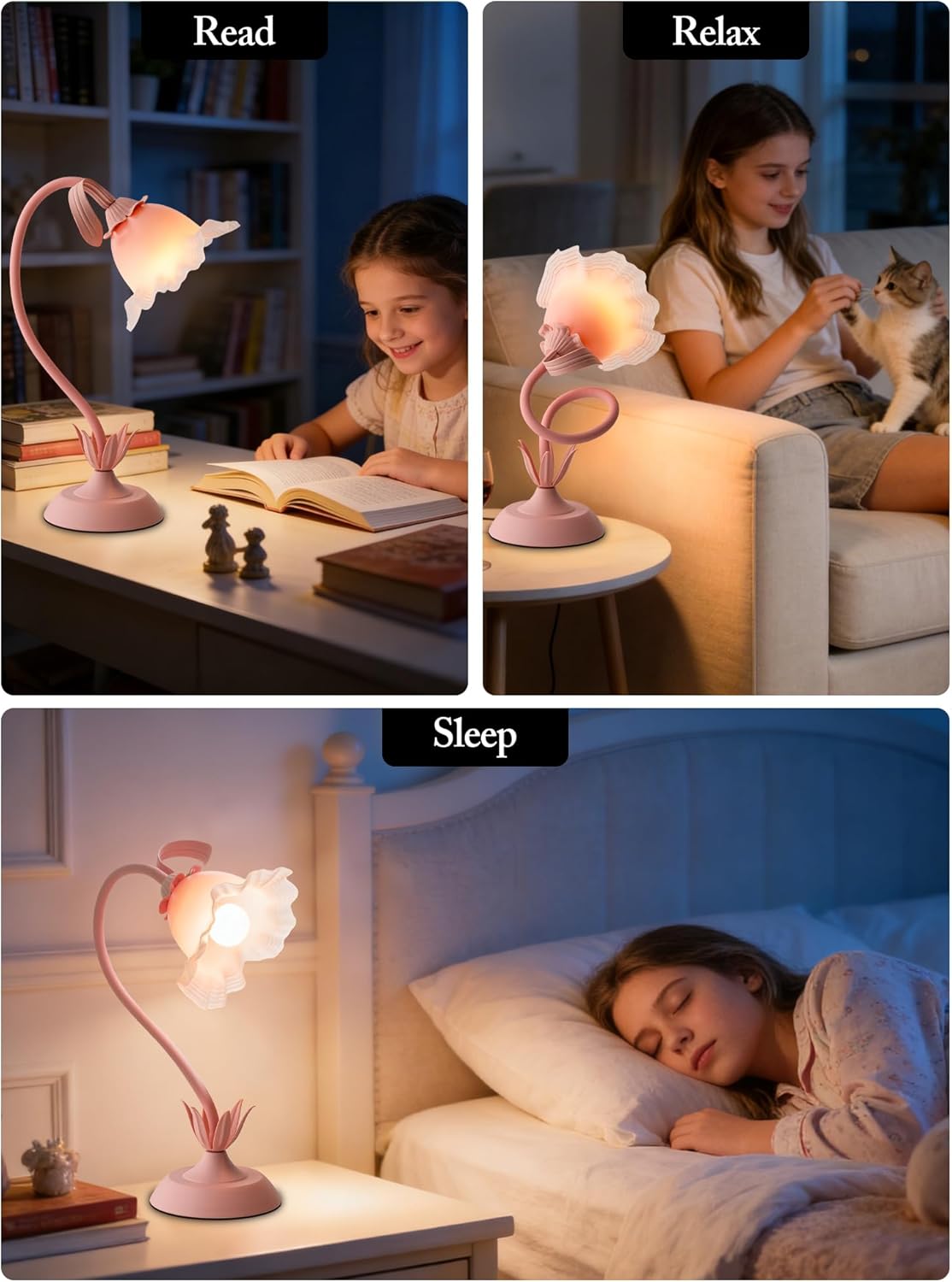 Flower Table Lamp,3 Color Modes LED Desk Lamp,Silicone Flexible Arm Reading Light,Cute Bedside Lamp for Bedroom Living Room Dorm Decor,Perfect Mother's Day Birthday Housewarming Gift(Pink)