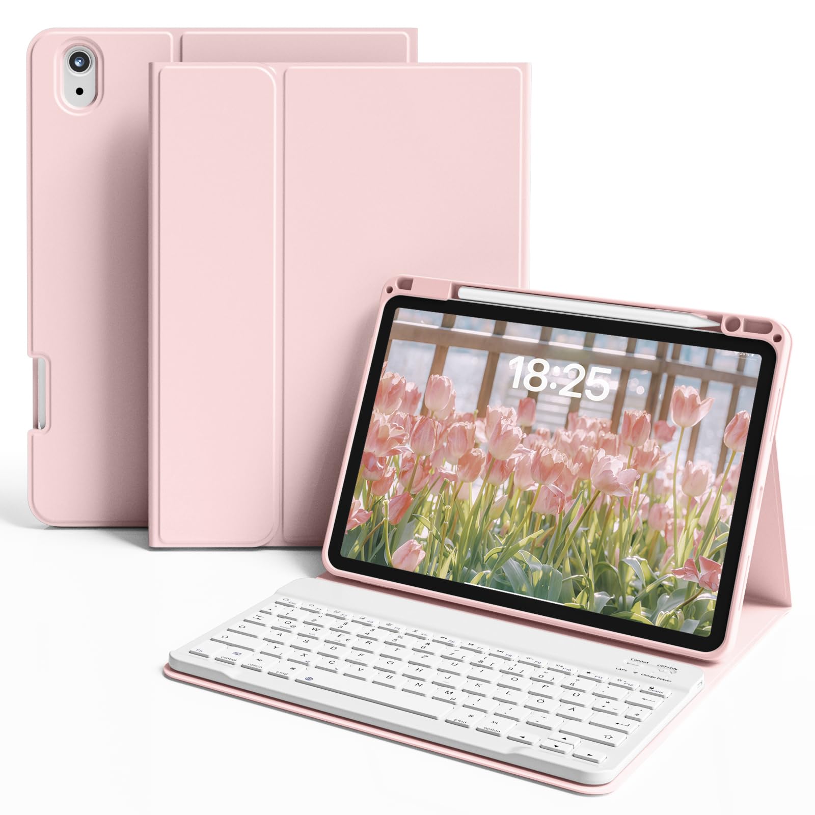 ZKTUYU Hülle mit Tastatur für iPad Air 11" M4/M3/M2, iPad Air 5./4. Gen | Magnetisch Abnehmbare Tastatur, QWERTZ Layout, Stoßfeste TPU Schutzhülle mit Stifthalter, für iPad Air 11/10,9 Zoll, Hellrosa