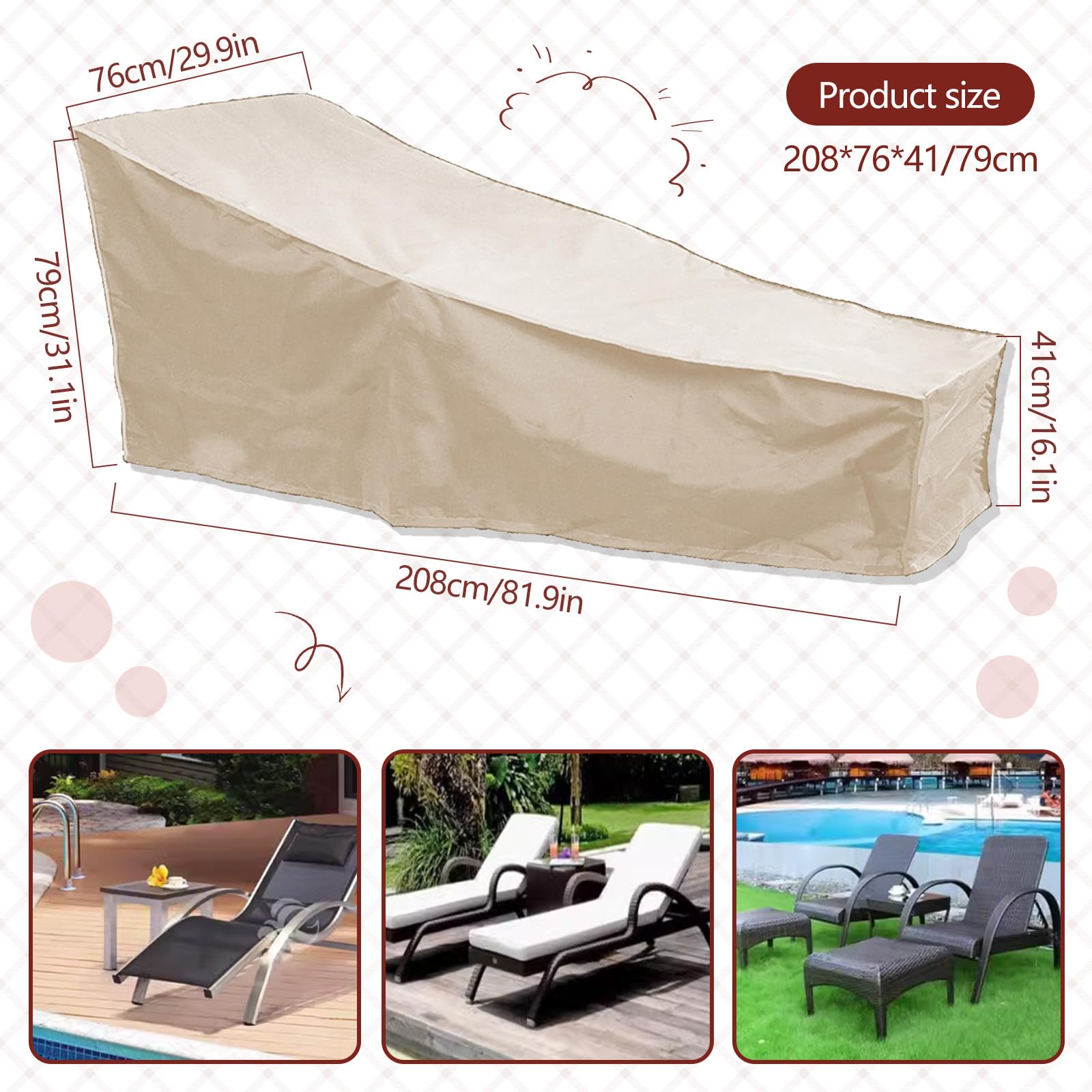 Funda Protectora para Tumbona, Funda Impermeable para Silla de Patio, Funda para Muebles de Jardín a Prueba de Viento de Exterior, 208x76x41cm (Beige)
