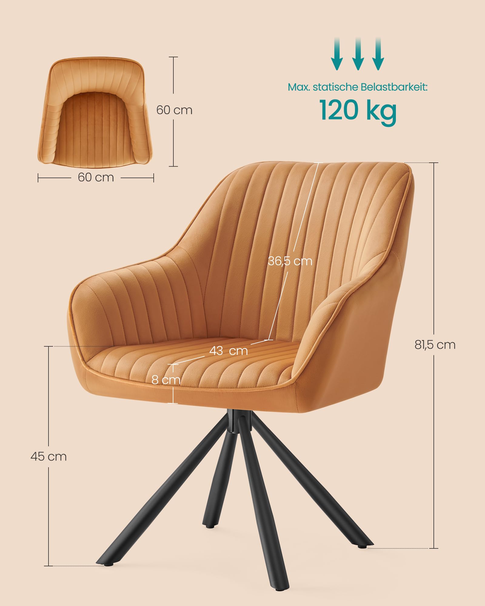 SONGMICS Esszimmerstuhl 2er Set, Küchenstuhl, Sessel drehbar, Samt, Polsterstuhl mit Armlehnen, bis 120 kg belastbar, Stahlbeine, für Esszimmer Küche, karamellbraun-tintenschwarz KDC161K12V1