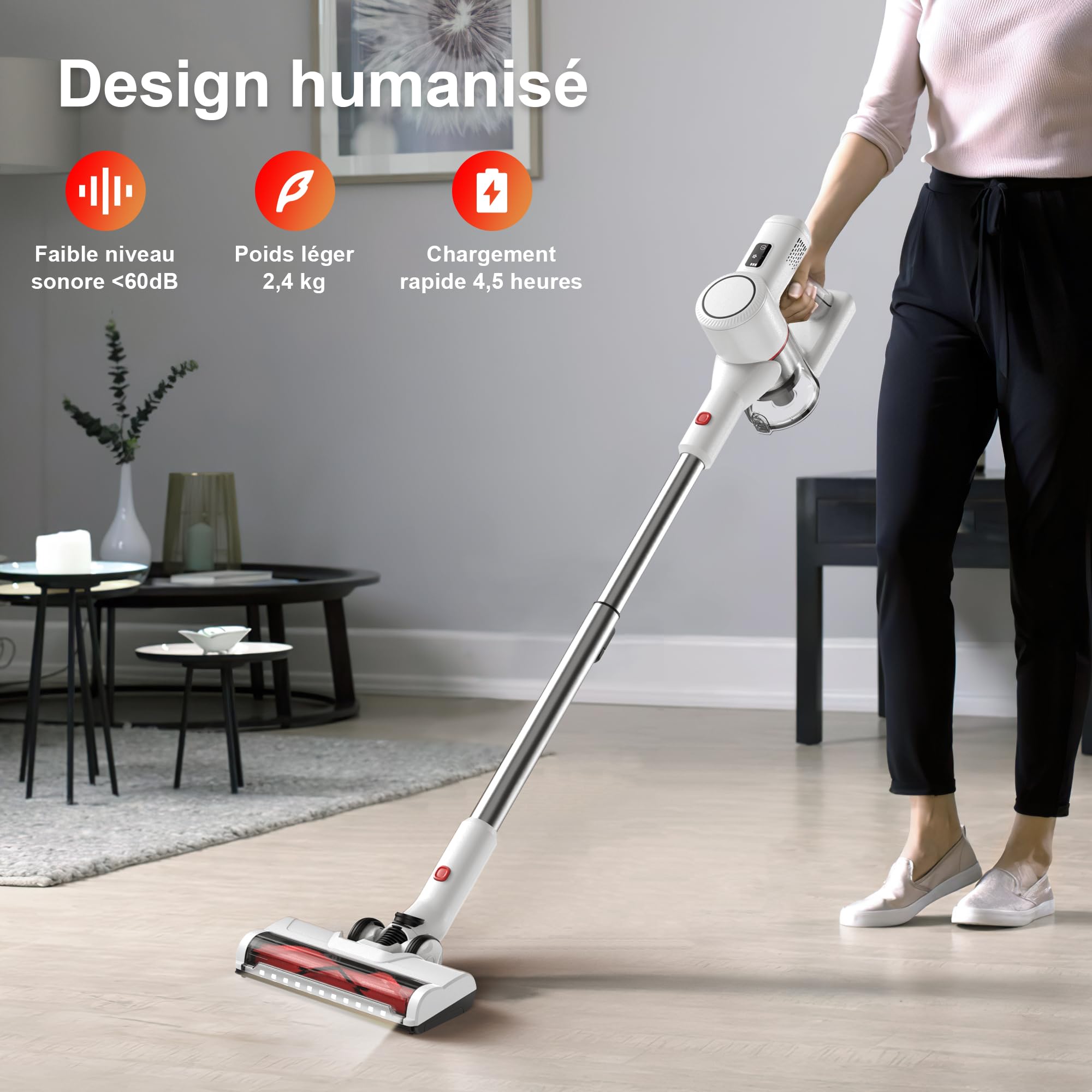 Aspirateur sans Fil Balai Électrique - Puissant sans Câble Rechargeable Batterie Silencieux Légère Balais Électriques pour Sol Tapis Poils d'animaux Intérieurs